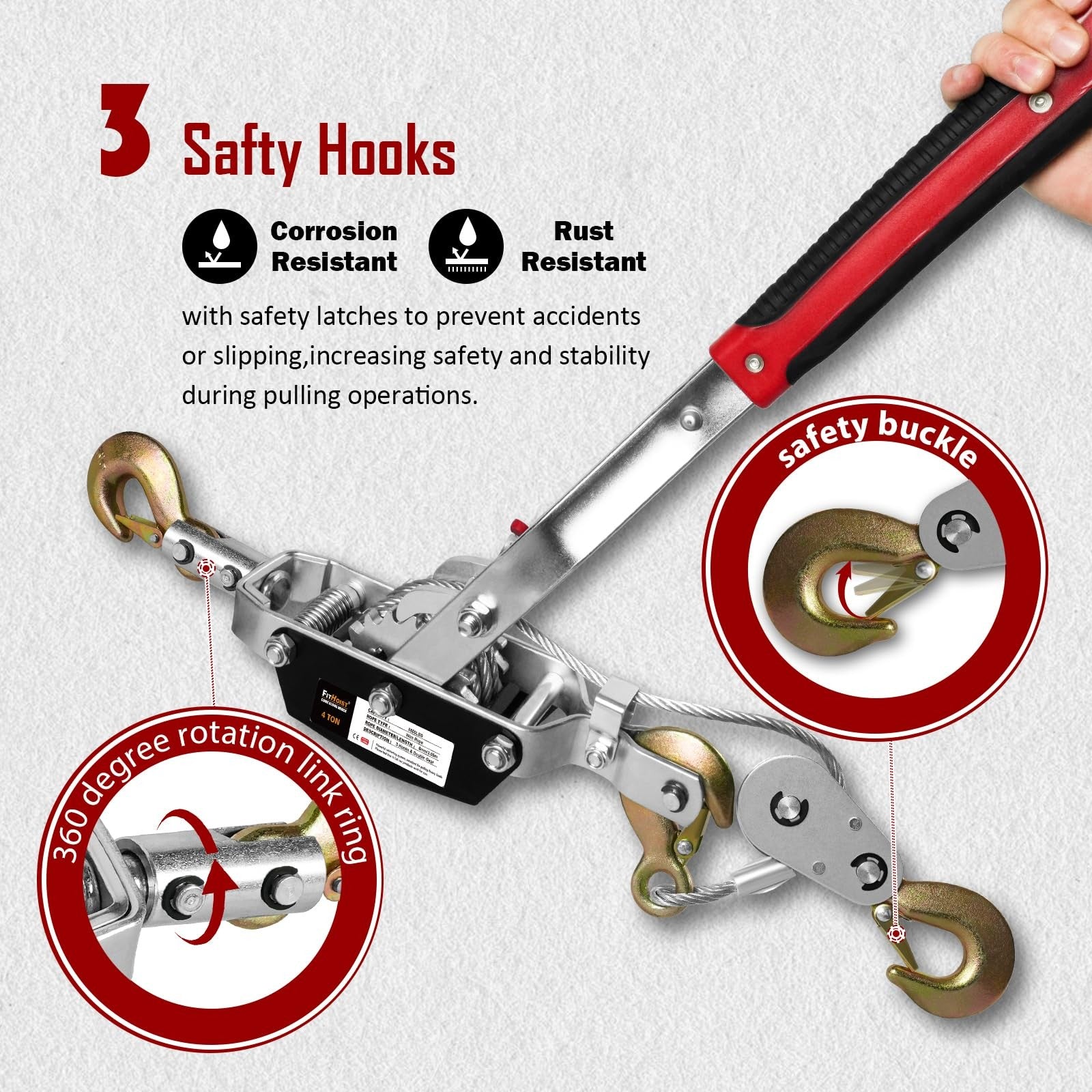 FITHOIST Come Along Winch with 4-ton capacity, 10-foot steel cable, heavy-duty ratchet for power pulling and lifting tasks.