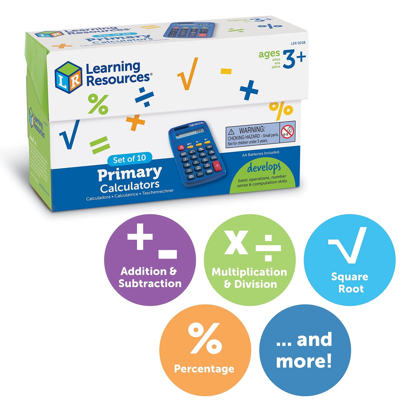 Primary calculator by Learning Resources, solar and battery-powered basic calculator for educational use, with numeric keypad and display screen.