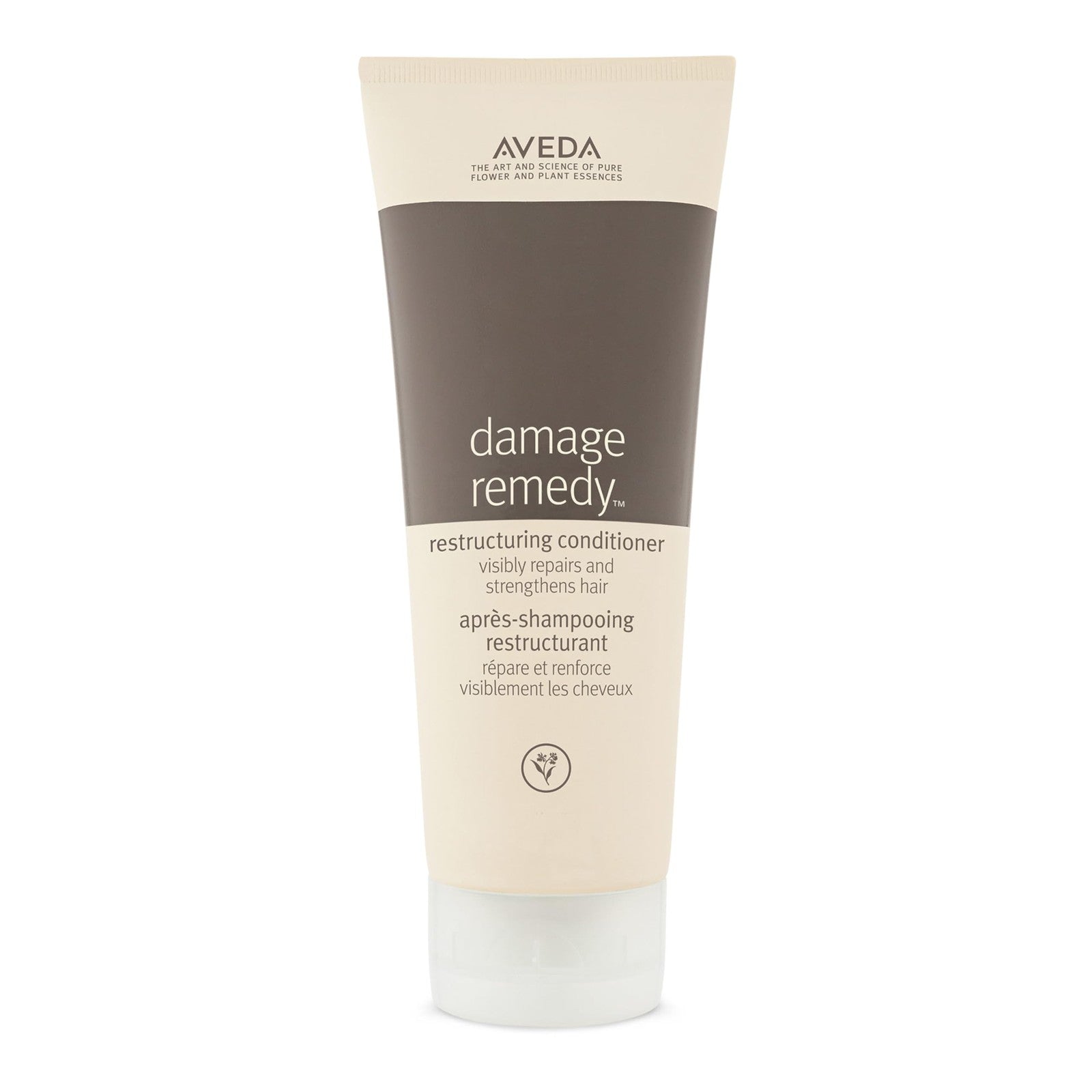 Aveda Damage Remedy Restructuring Conditioner for damaged hair, with a bottle of conditioner and a pump dispenser visible.