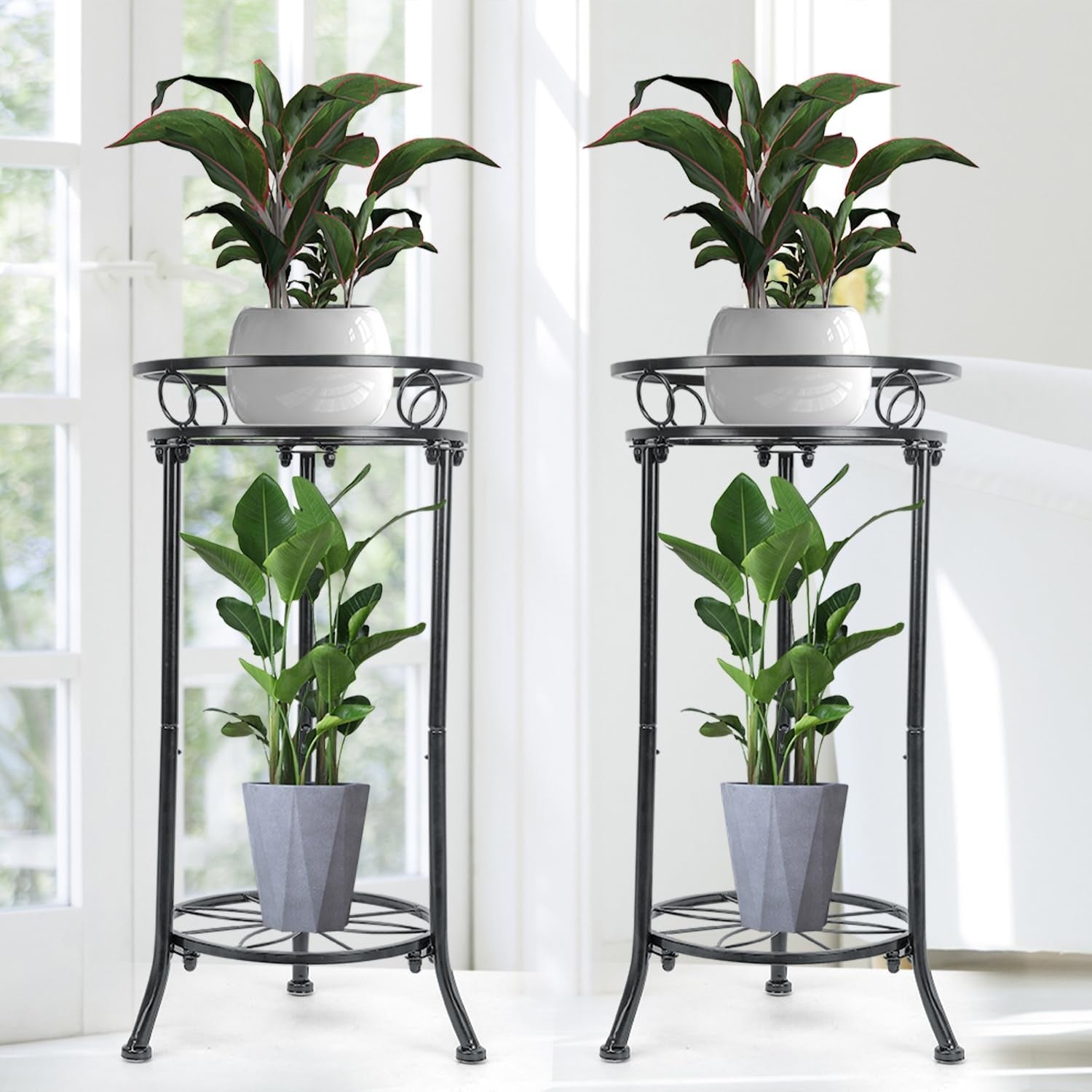 YHIJURS 2-pack 20.3-inch metal plant stands, indoor and outdoor 2-tier tall plant stands with black finish.