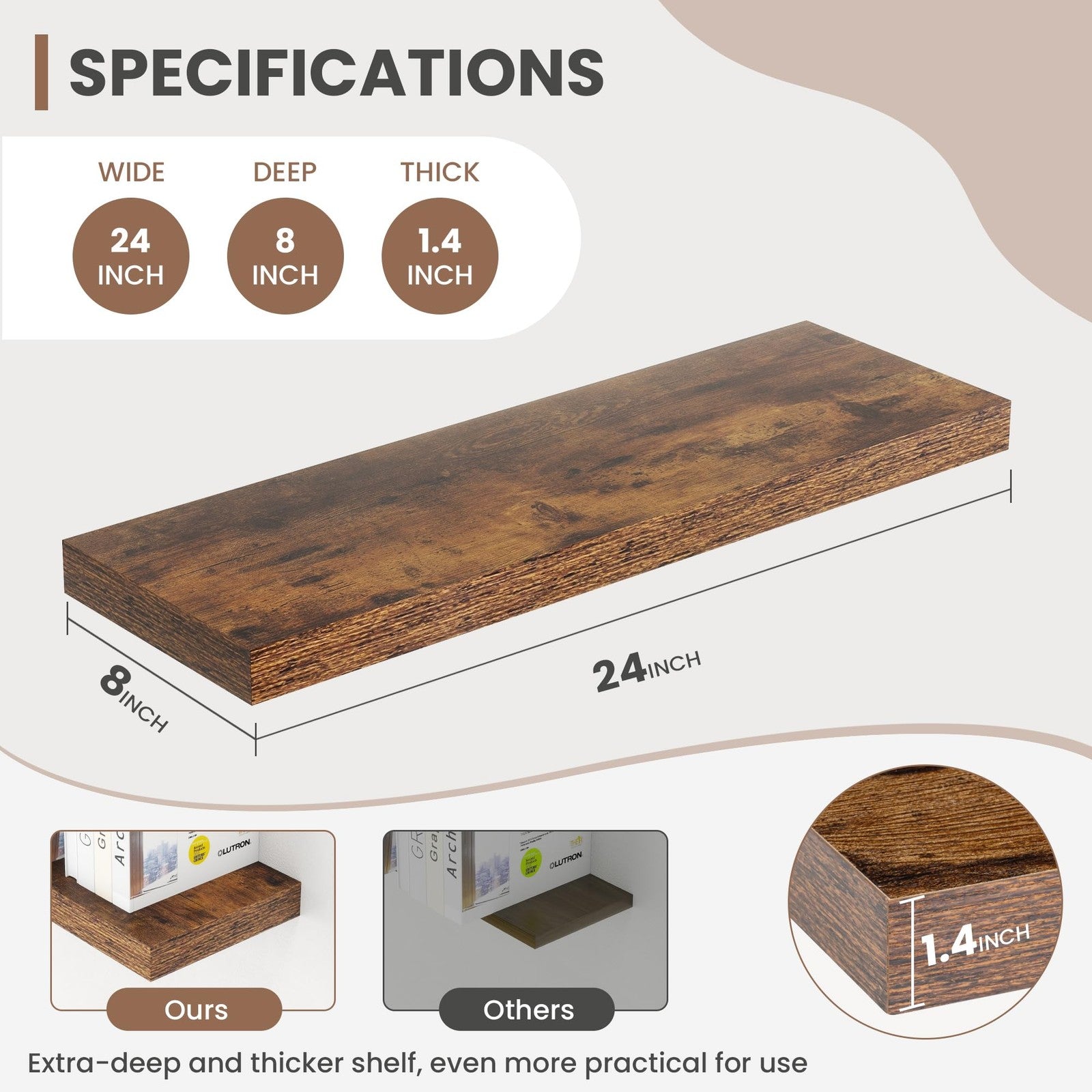 Acovy 24-inch floating wall shelves, 8-inch deep, showcasing modern wood design for stylish wall storage and display.