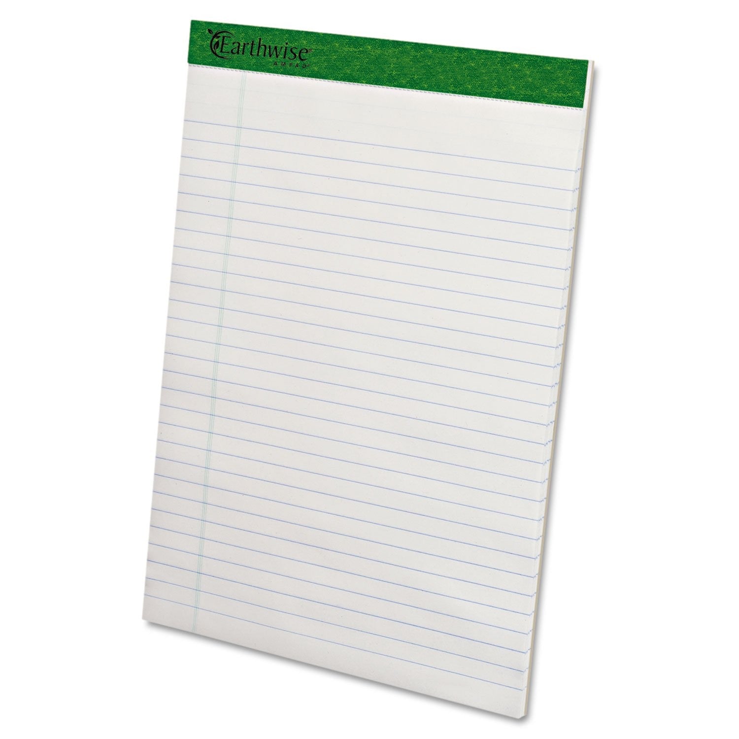 Ampad 100% recycled perforated ruled notepad with 50 white sheets, 8.5x11.75 inches, showing the notepad open with lined pages.