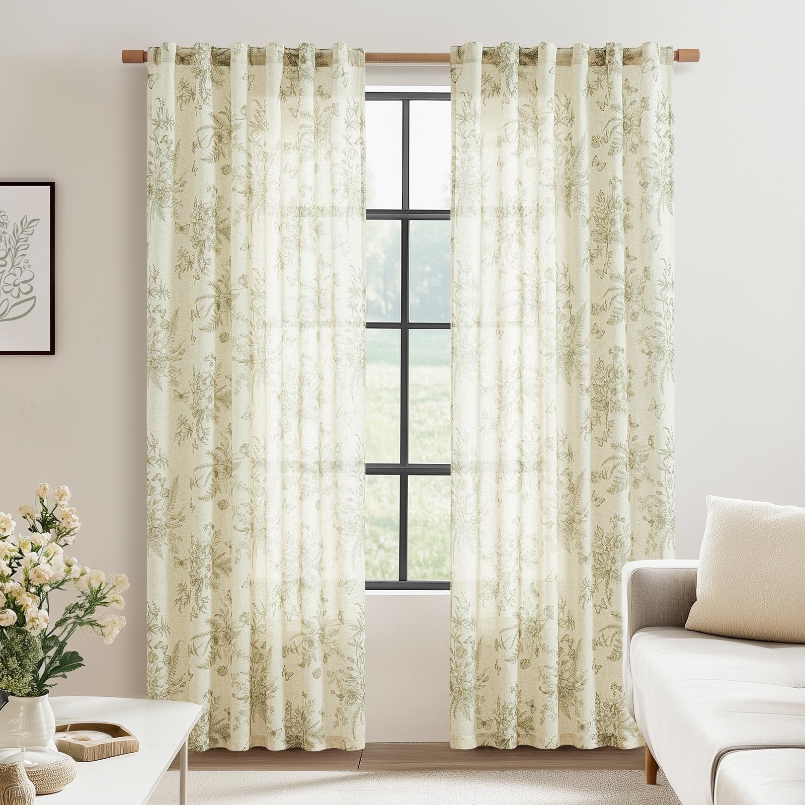 jinchan linen floral curtains in sage green with 84-inch length, featuring a farmhouse design for living room window decor