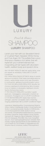 Bottle of UNITE Hair U:LUXURY Hydrating Shampoo with label visible, designed to strengthen and repair hair.
