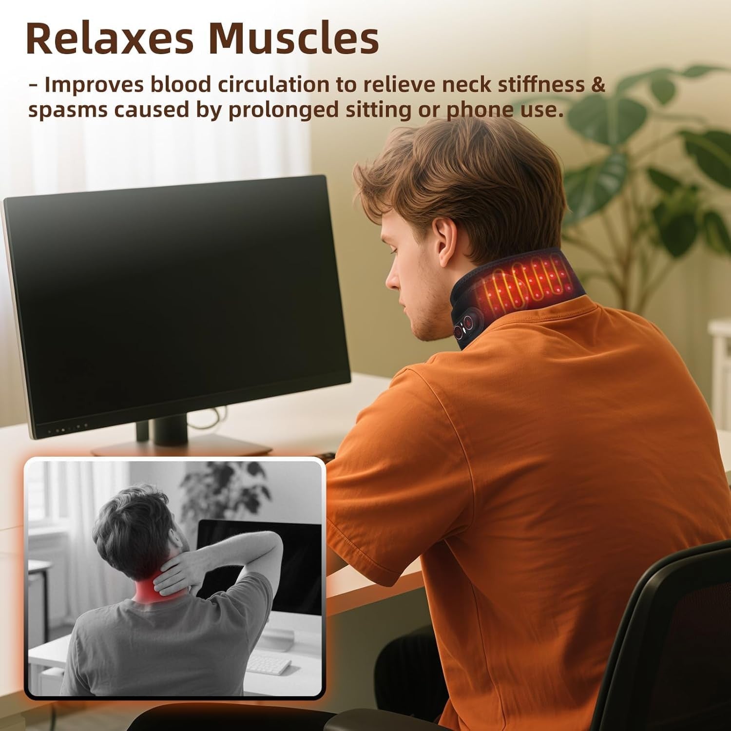 WoloyHeatie cordless neck heating pad with red light therapy, showing the compact design and adjustable straps on a mannequin.