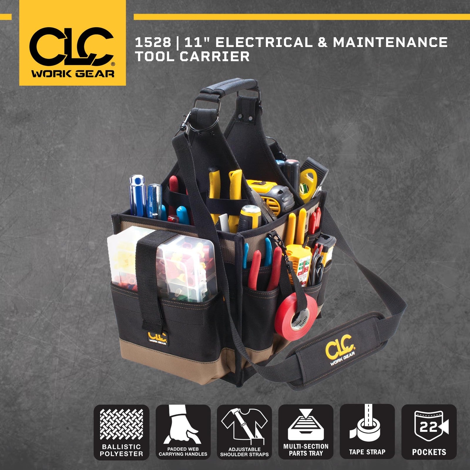 Black CLC Custom LeatherCraft 1528 large electrical and maintenance tool carrier with multiple pockets and sturdy handle.