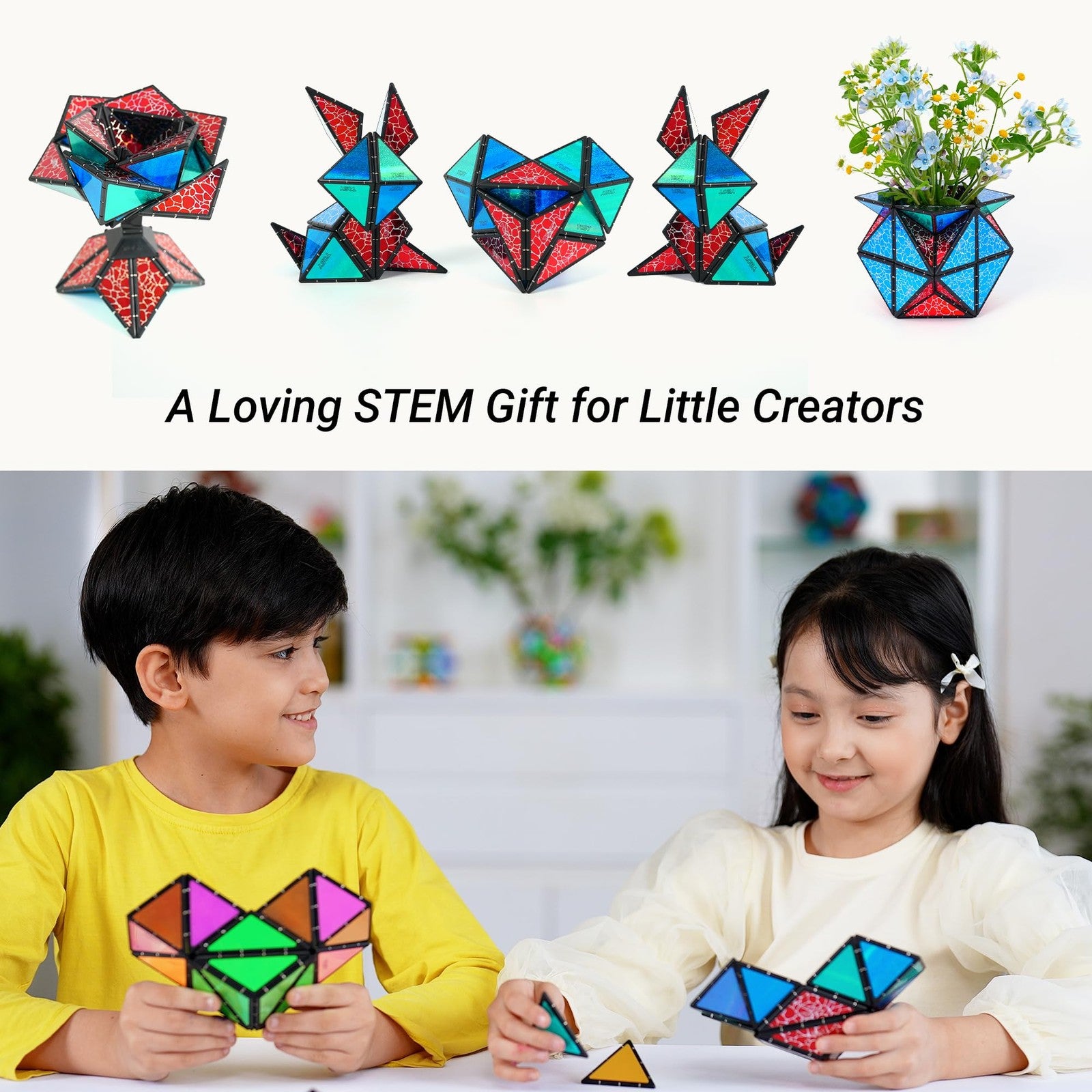 TOSY Magnet Pyramid Stone cube with magnetic surface, shown transformed into bunny and egg shapes, colorful geometric design.