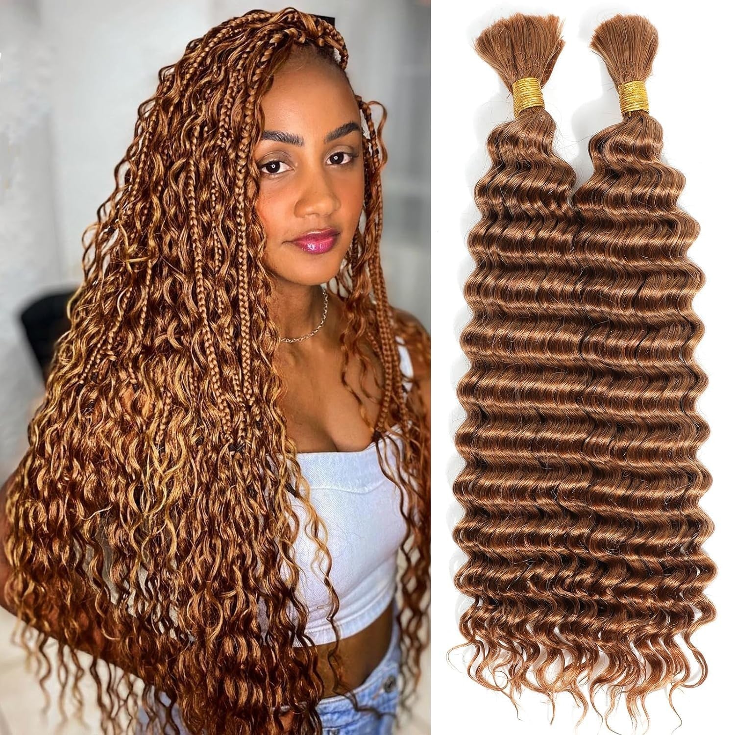Leruikair Color 30 dark brown deep wave human braiding hair bundle, 50g, showcasing textured, curly synthetic hair for styling.