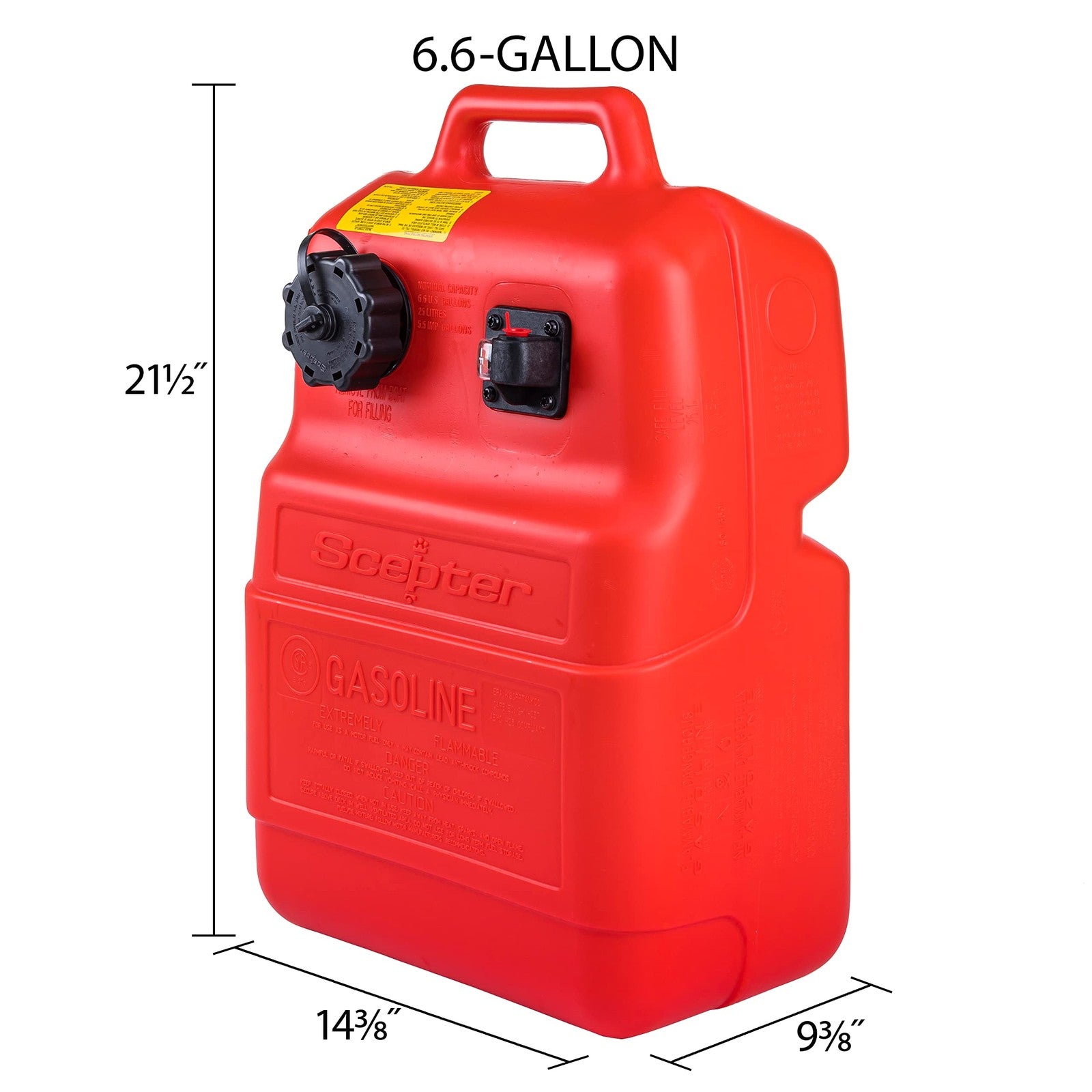 Scepter 6.6-gallon portable marine gas can with vented cap, designed for boat fuel storage and transportation.