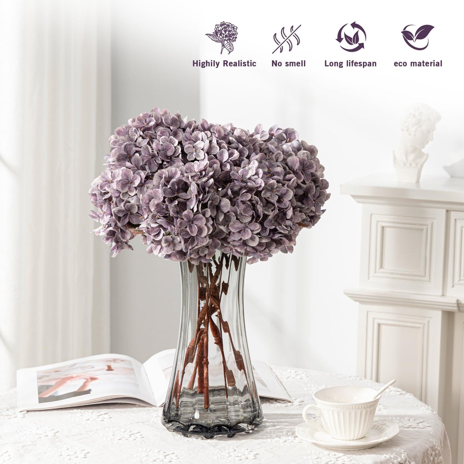 Artificial silk hydrangea flower heads bouquet with stems, ideal for fall decor, by Uqueeten.