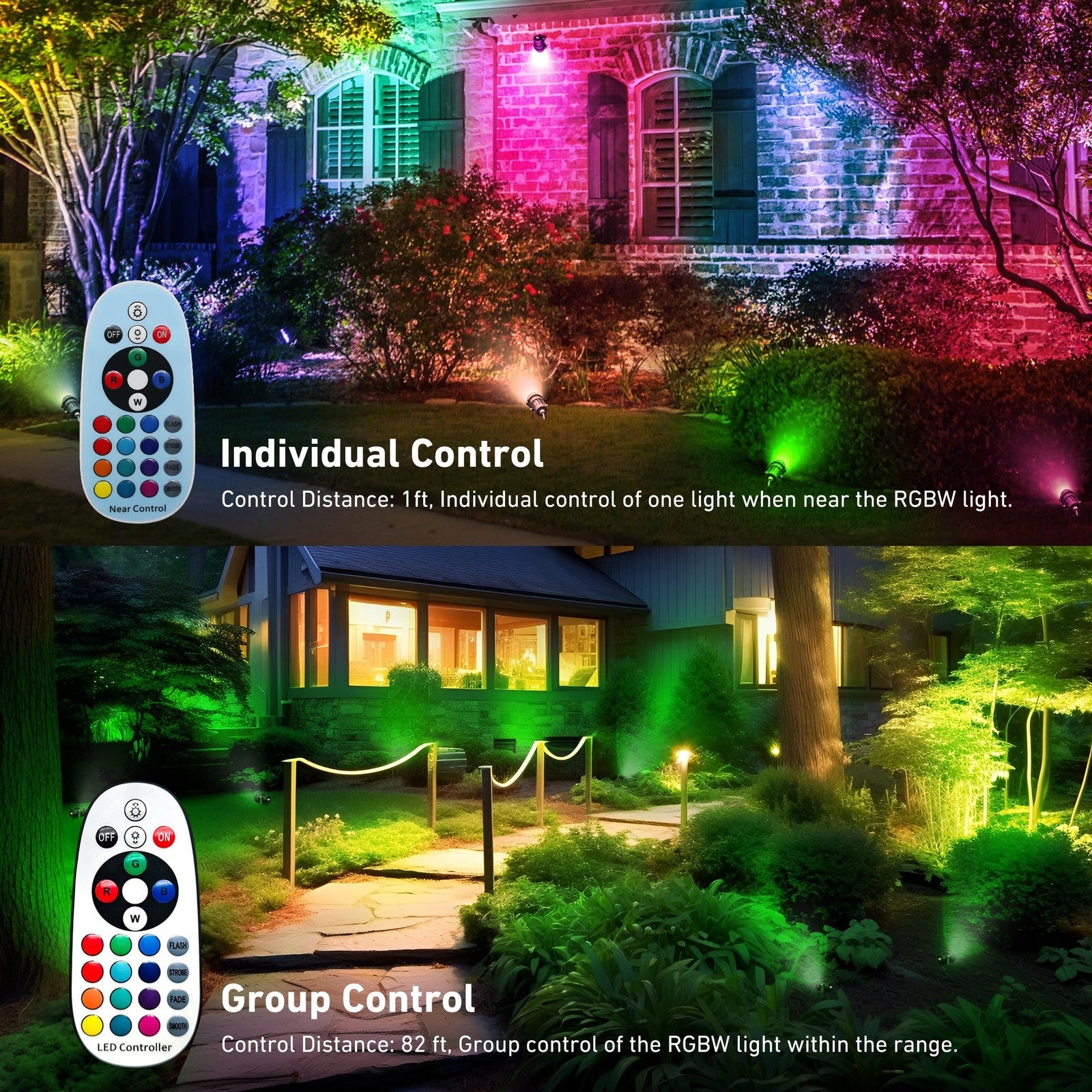 UPONELED RGBW outdoor landscape spot lights illuminating a yard with colorful lighting for festive holiday decoration.