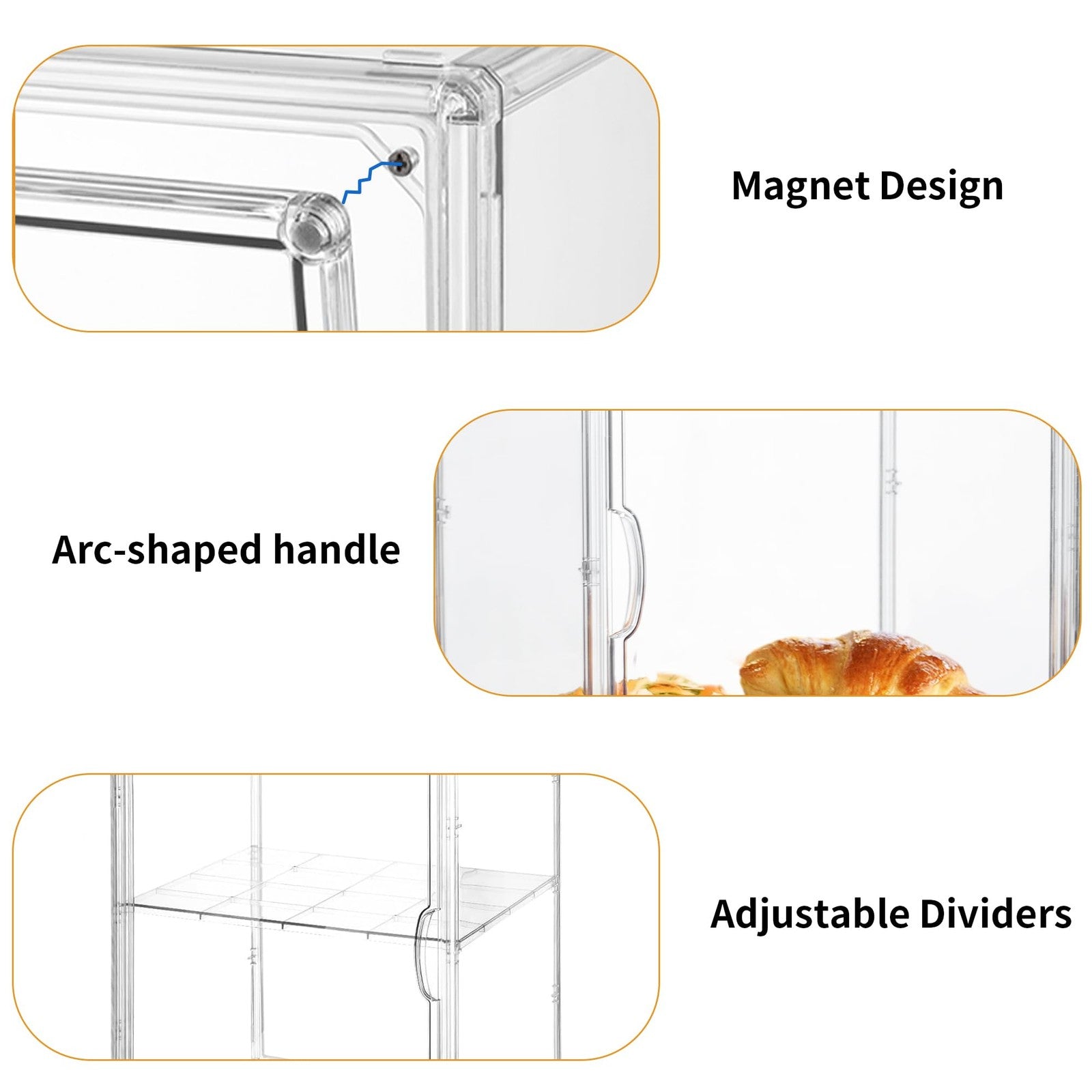 Attelite 4-layer clear pastry display case with adjustable shelves for bread and baked goods in a kitchen or bakery setting.