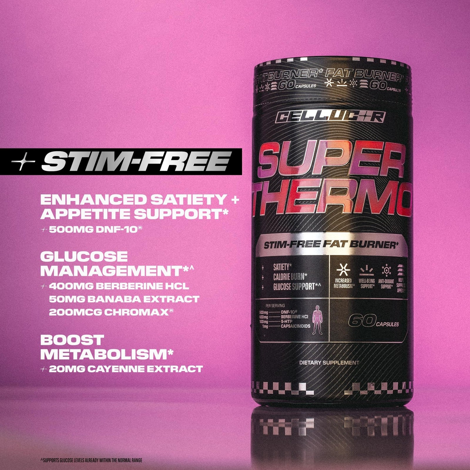 Cellucor Super Thermo Stim-Free Fat Burner capsules, thermogenic supplement for appetite control and fat metabolism.