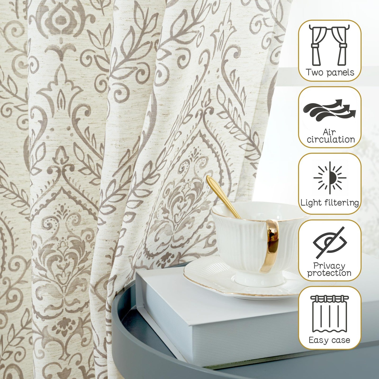 LAMIT linen curtains with 54-inch length, two light-filtering panels for living room window decor.