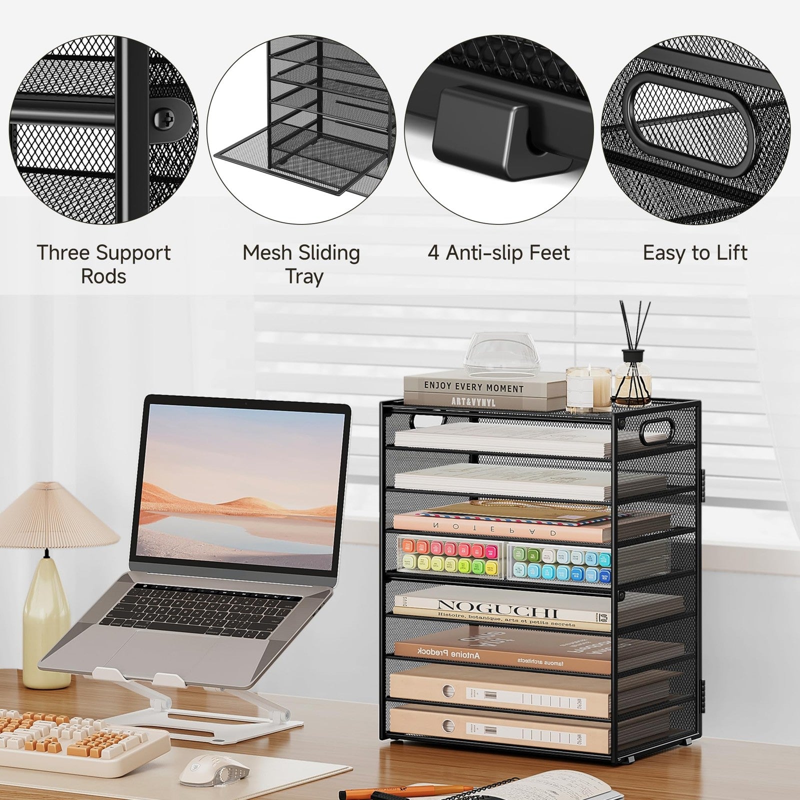 SUBEKYU 9-tier black metal mesh desk paper organizer with letter trays for filing and organizing documents.