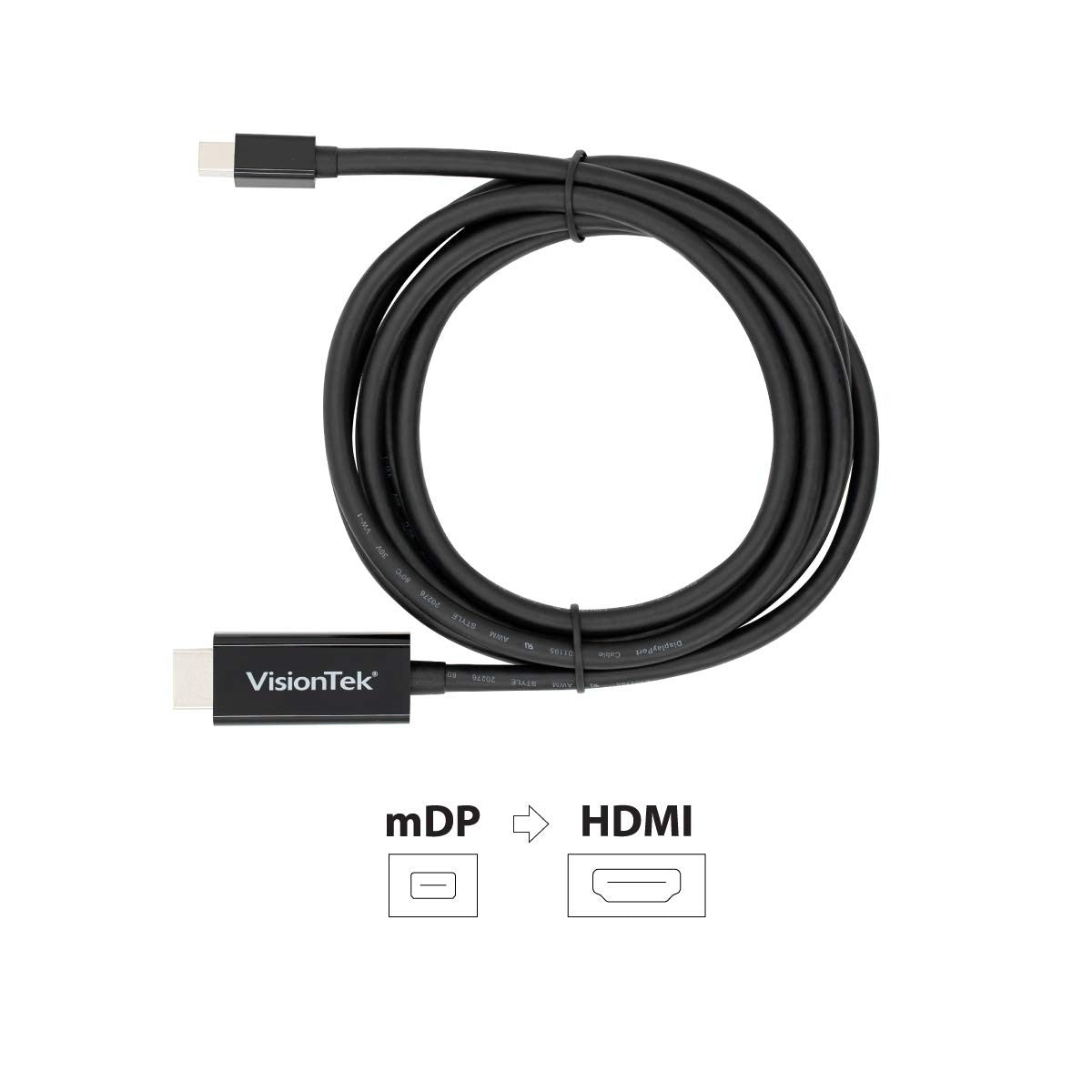 VisionTek Mini DisplayPort to HDMI 2.0 active cable 6ft, showing connectors and cable with 4K 60Hz support.