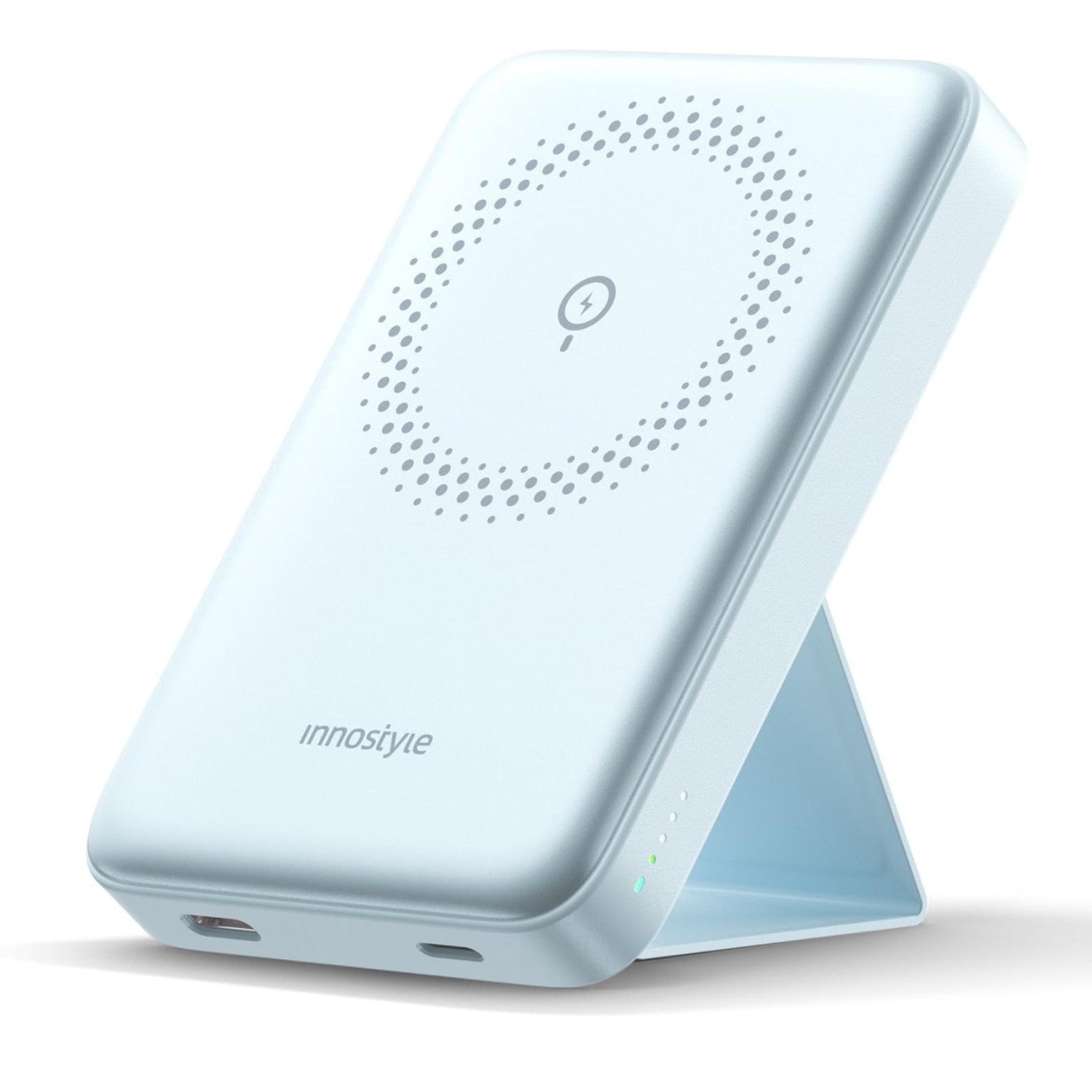 Innostyle 10000mAh magnetic wireless portable charger with foldable stand and USB charging port on white background