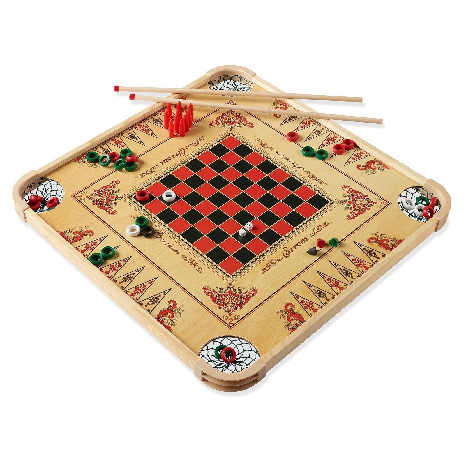Carrom brand large carrom board game set with game pieces and striker for adults and children, ideal for family fun and indoor play.