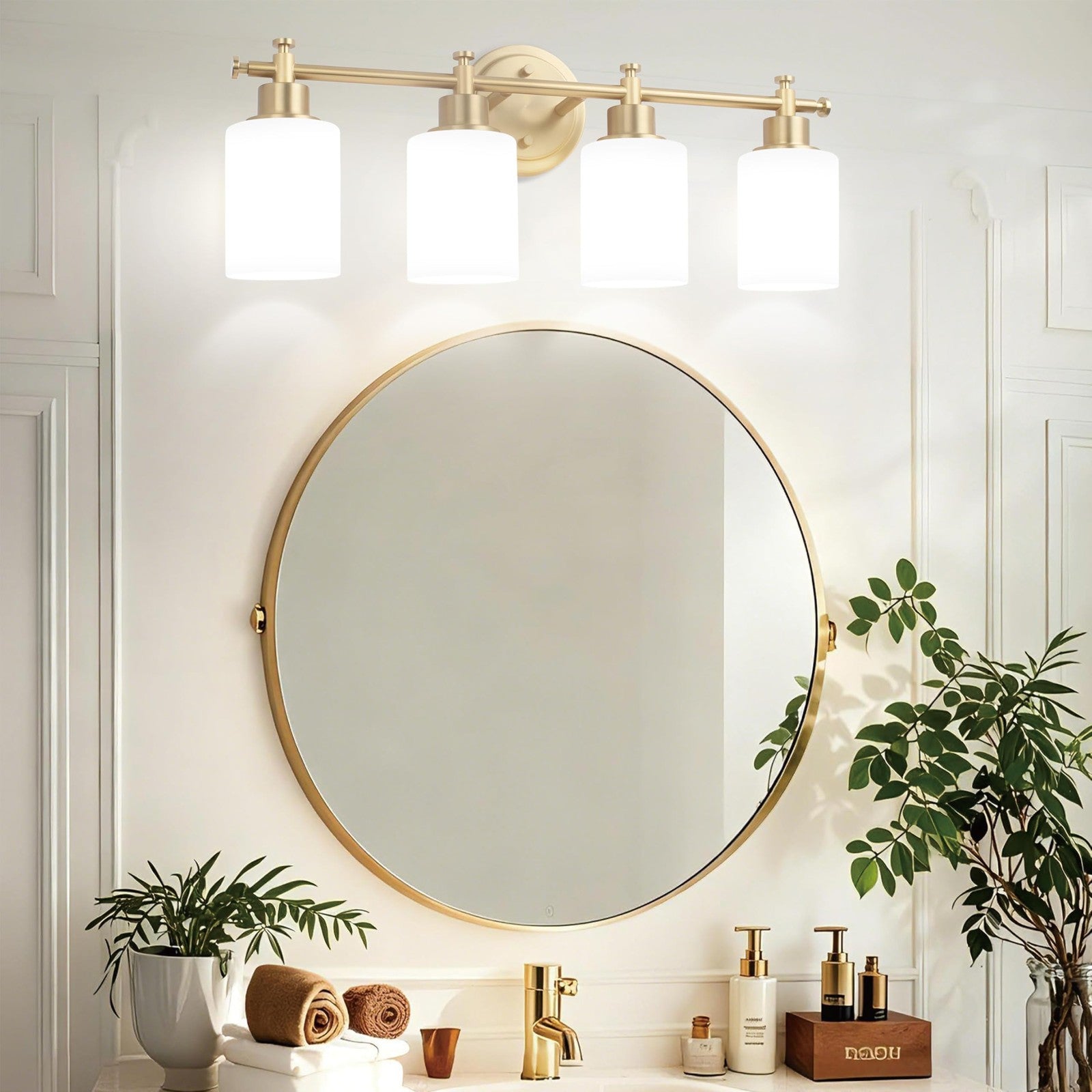 Imizdlum 4-light brushed gold bathroom vanity light fixture with sleek modern design and clear glass shades.