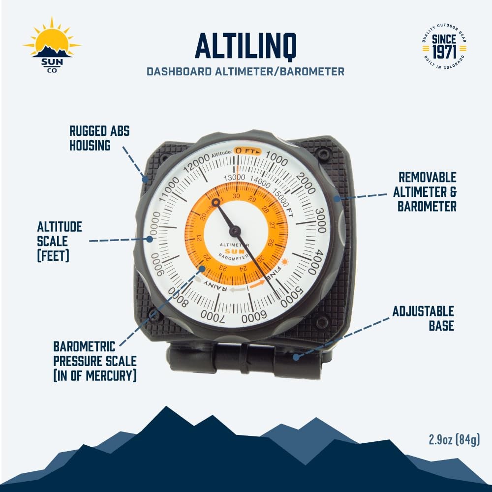 Sun Company Altilinq dashboard altimeter and barometer for cars, showing digital display with altitude and atmospheric pressure readings.
