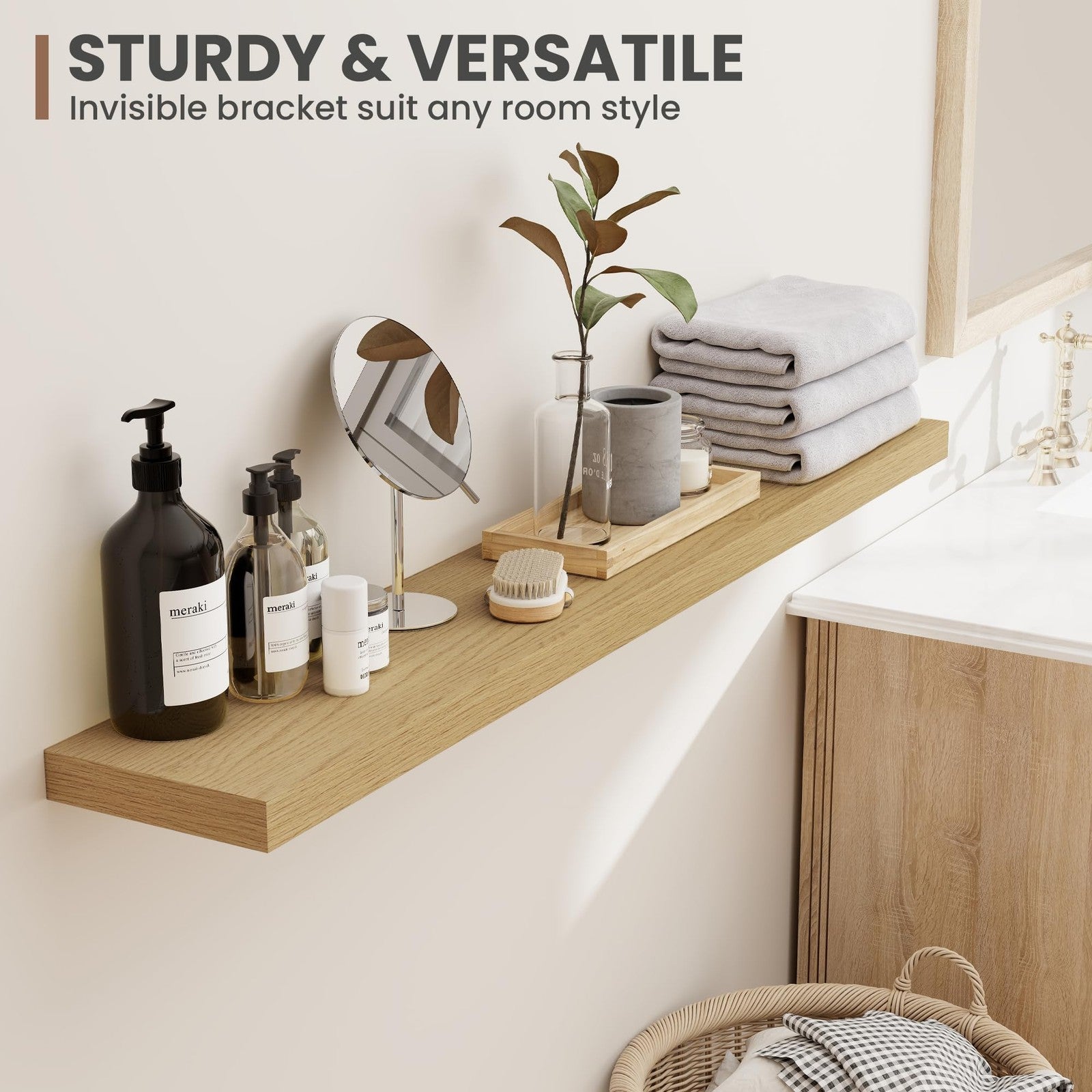Acovy 24-inch floating wall shelves with 8-inch depth, showcasing modern wooden design and wall mounting hardware.