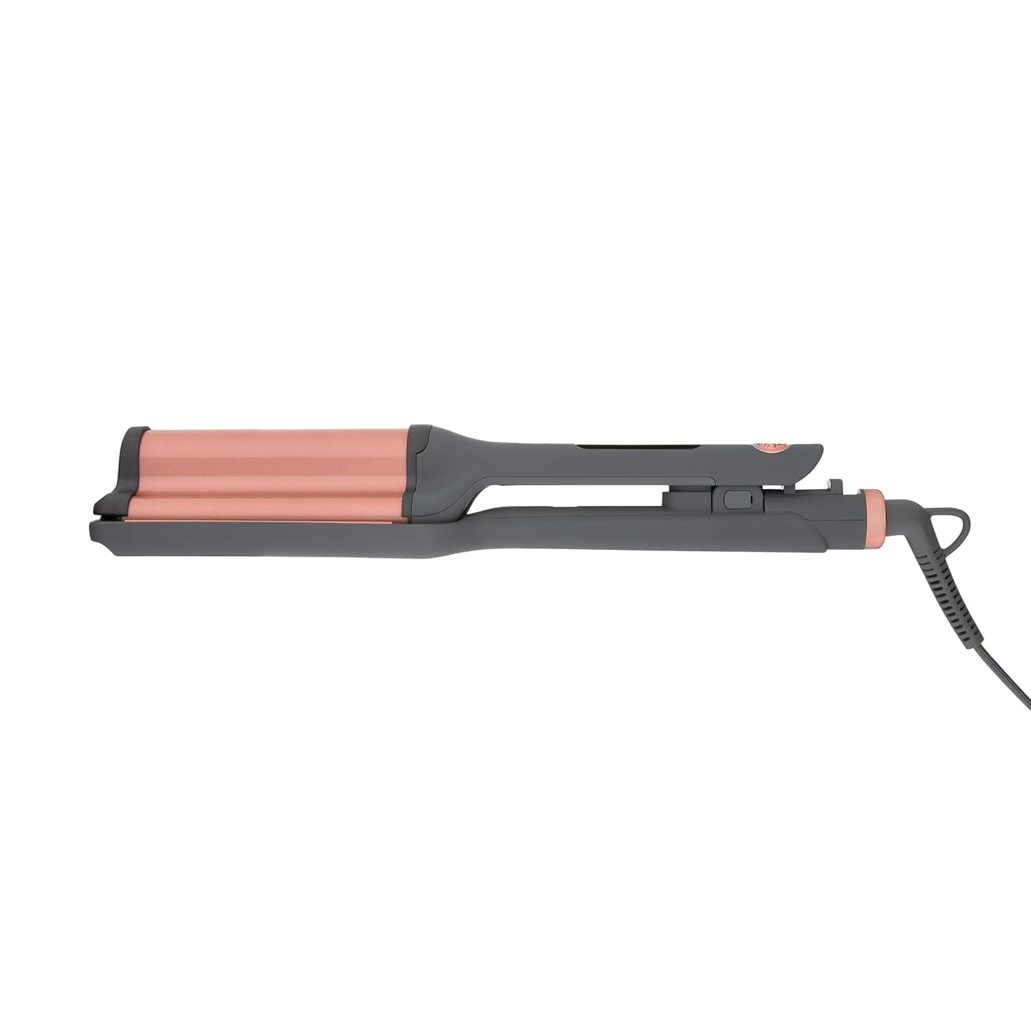 Hairitage 3 barrel curling iron with ceramic tourmaline for beach waves and curls, showing the curling iron in use.