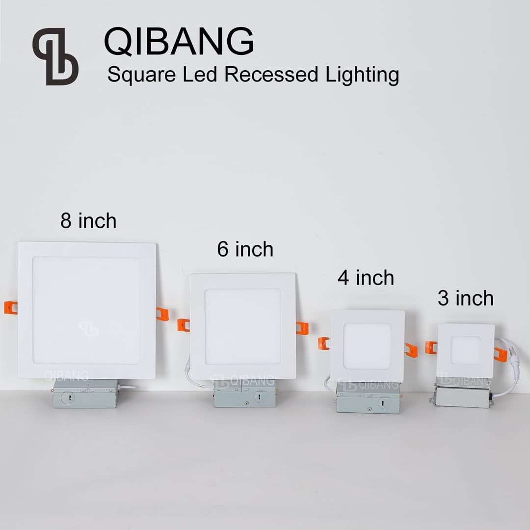 QIBANG 2-pack 8-inch dimmable square recessed LED lights with junction box and 3CCT adjustable color temperature