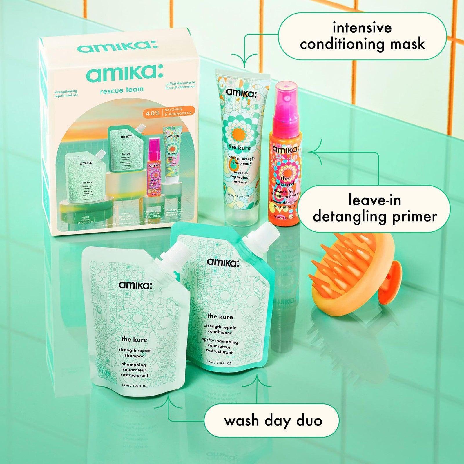 Amika Rescue Team Hair Routine Trial Set with shampoo, conditioner, and treatment products for damaged hair care.