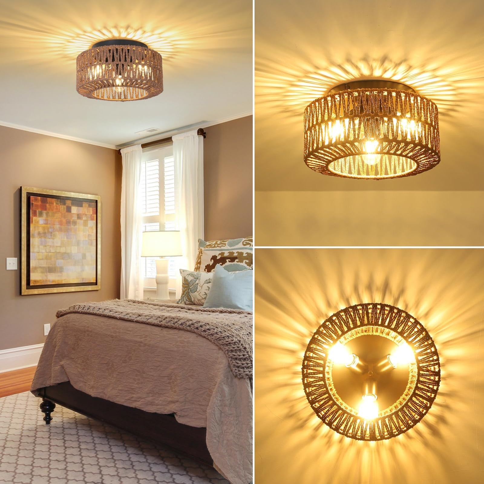 PAUFUL boho farmhouse 3-light rattan ceiling light fixture with rustic design and hanging rattan shades for cozy interior decor