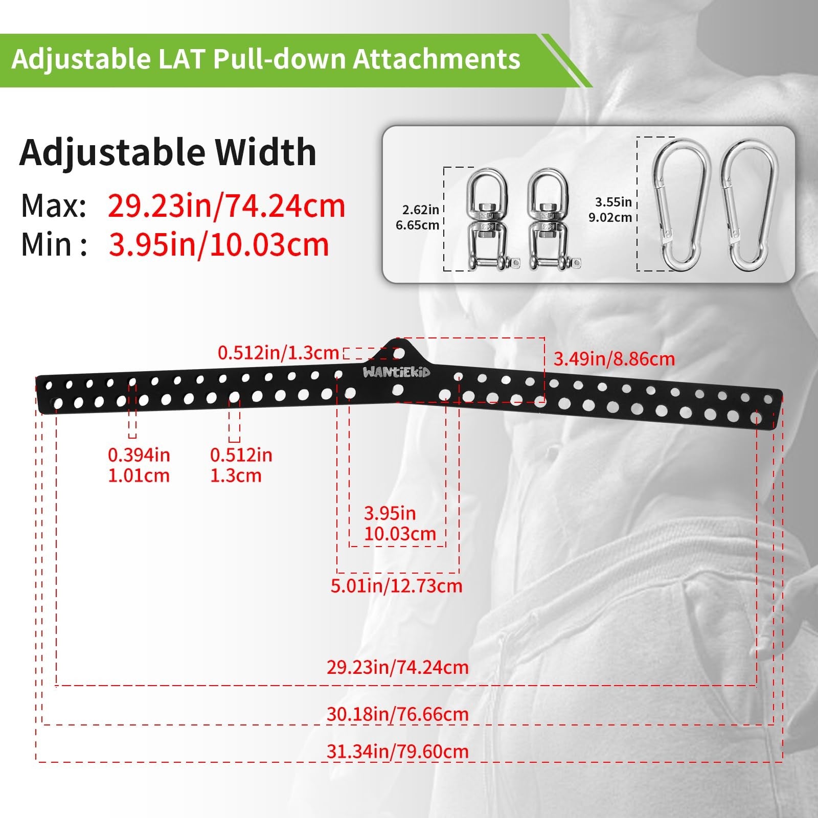 Wantiekid multi-grip LAT pull-down bar with 360° rotating adapter, 32-inch gym cable attachment for strength training equipment.