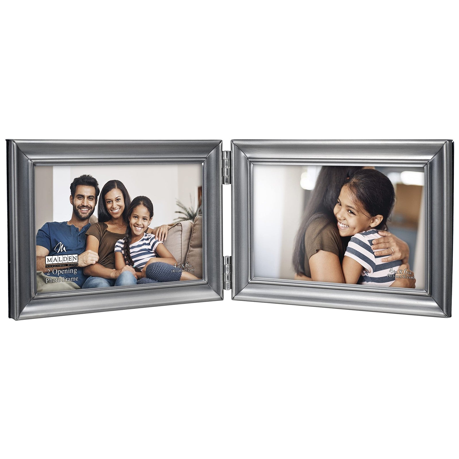 Malden Concourse pewter metal hinged double picture frame with a sleek, modern design and two display openings.