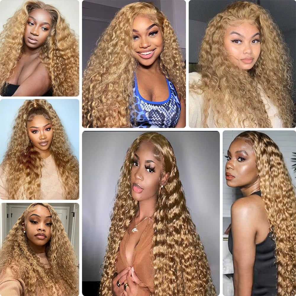 Biliisyff 27-inch honey blonde deep wave human hair bundles with Brazilian texture, showcasing full, shiny curls.