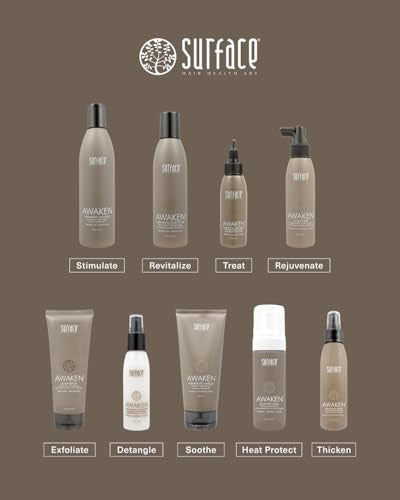 SURFACE Hair Awaken Thickening Blow Dry Foam for fine, fragile hair, showing the foam bottle with a pump dispenser and label.