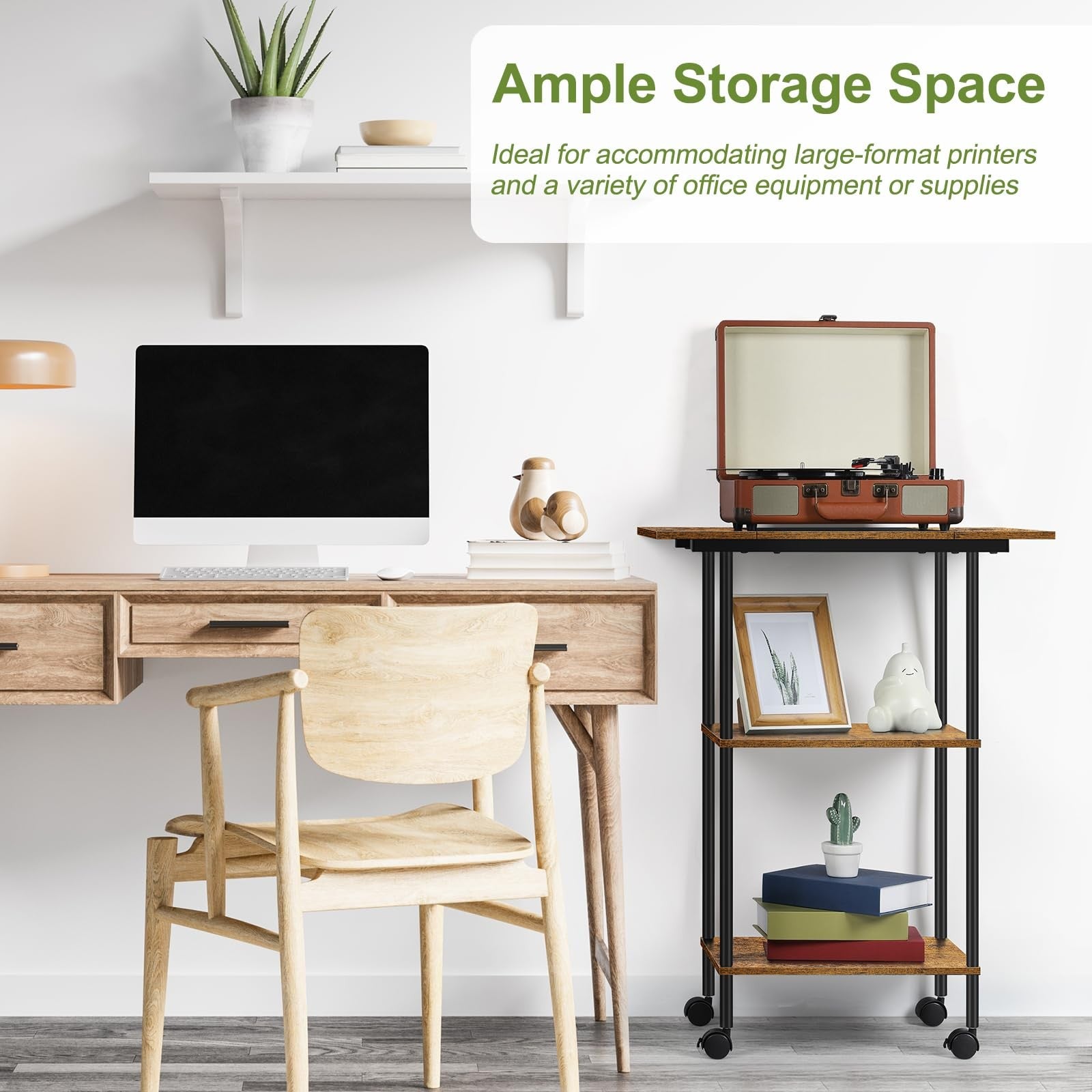 Shinoske 3-tier printer stand with wheels, large storage table for home office, black metal frame and spacious shelves.