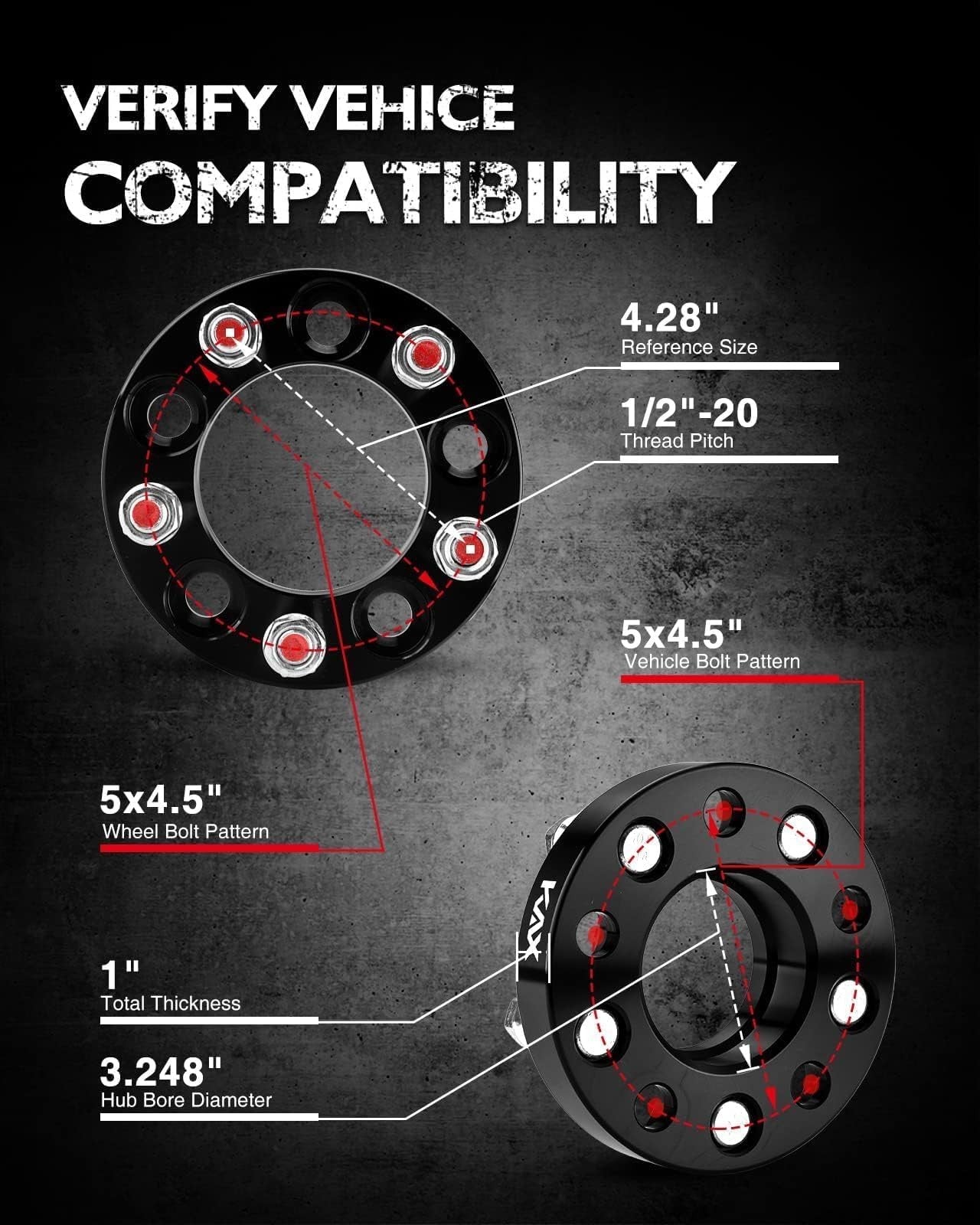 KAX 5x4.5 inch wheel spacers for Explorer and Edge, 1 inch thick, 5-lug, centric spacers with 82mm center bore on vehicle wheel.