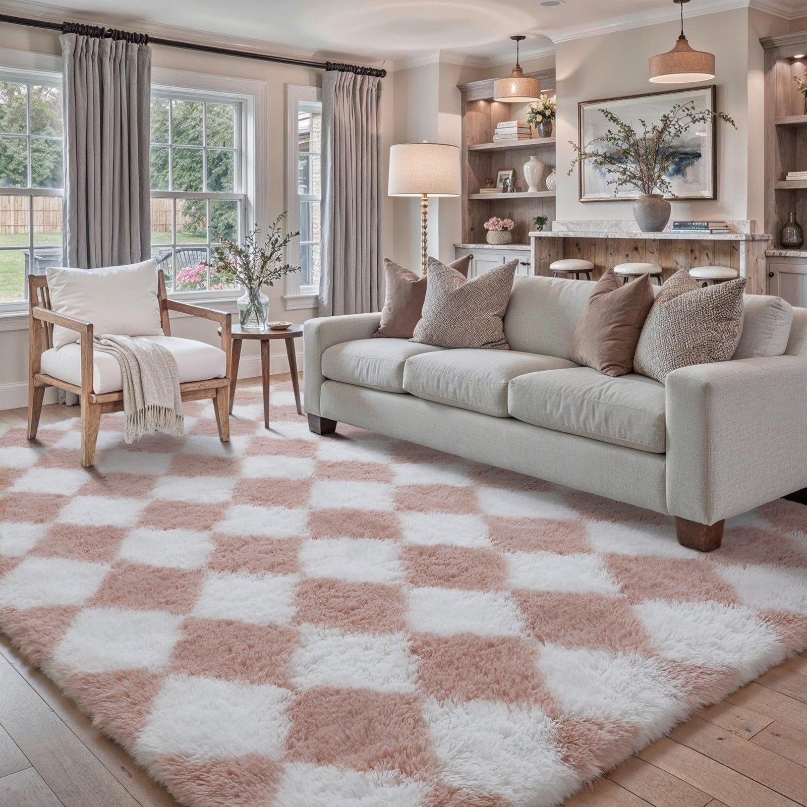 Hugear checkered pink and white shag rug, soft and fluffy 5x7 living room modern area rug with a plush texture.