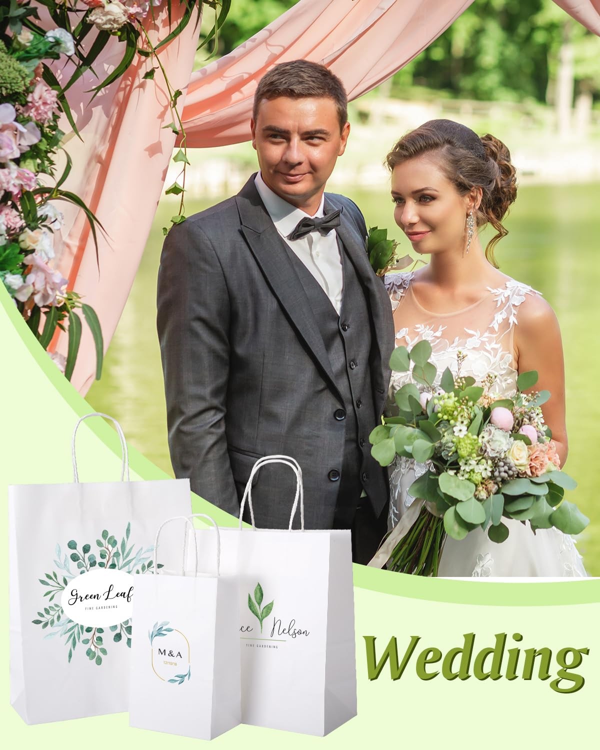 OUTUXED 100 white kraft paper gift bags with handles in three sizes, ideal for retail and party gift packaging.