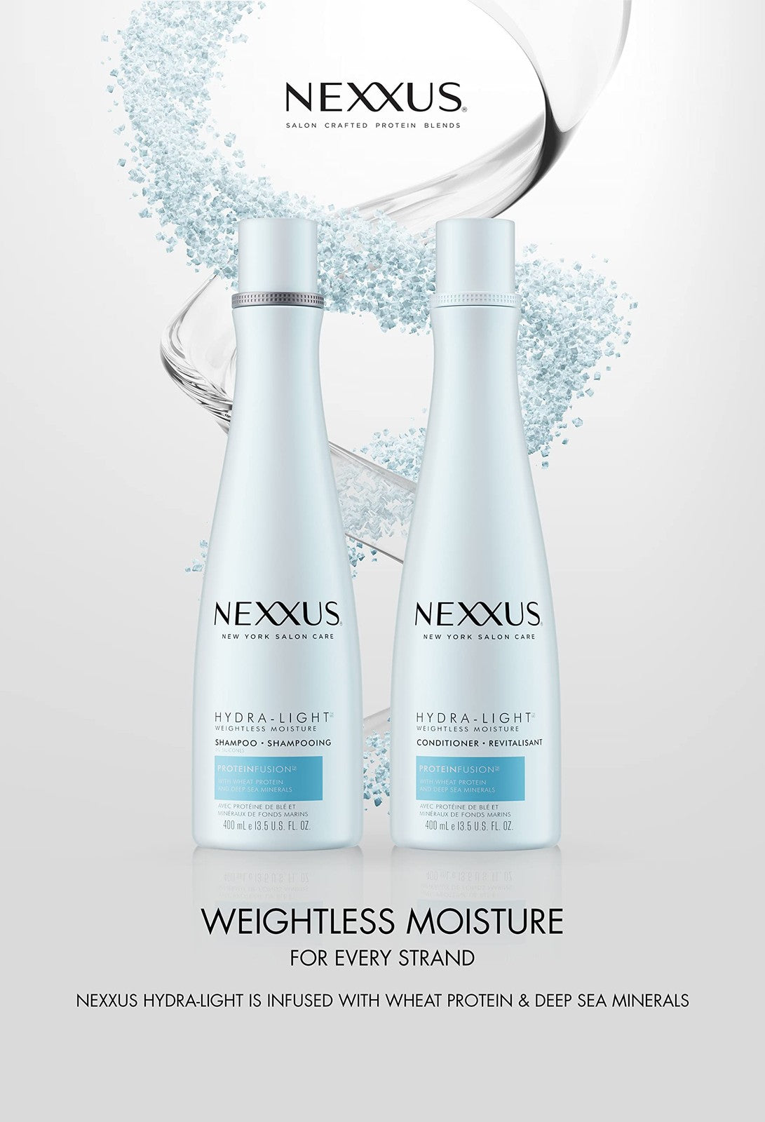 Nexxus Hydra-Light shampoo and conditioner duo for oily hair, lightweight hair care system with bottles showing product labels.