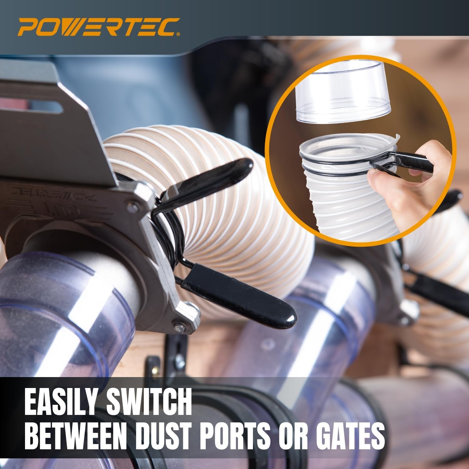 POWERTEC 4-inch double loop hose clamps for collection hoses and dryer vents, featuring a sturdy metal design.