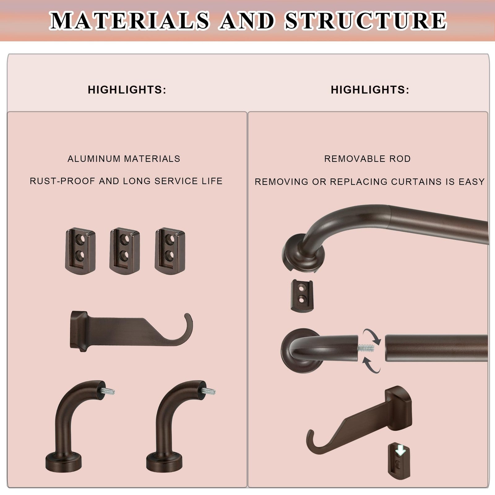 Dark bronze Lwiiom 2-pack 1-inch disc curtain rods for windows, 28 to 48 inches, mounted for window treatment.