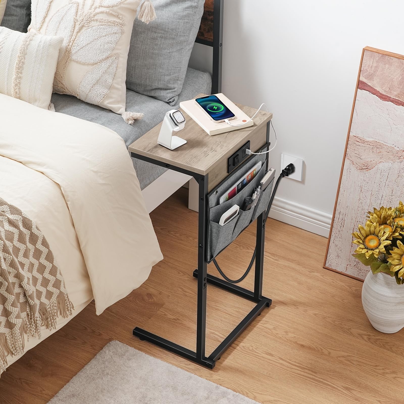 HOOBRO C-shaped end table with built-in charging station, 28-inch tall couch table, featuring a modern design and convenient charging ports.