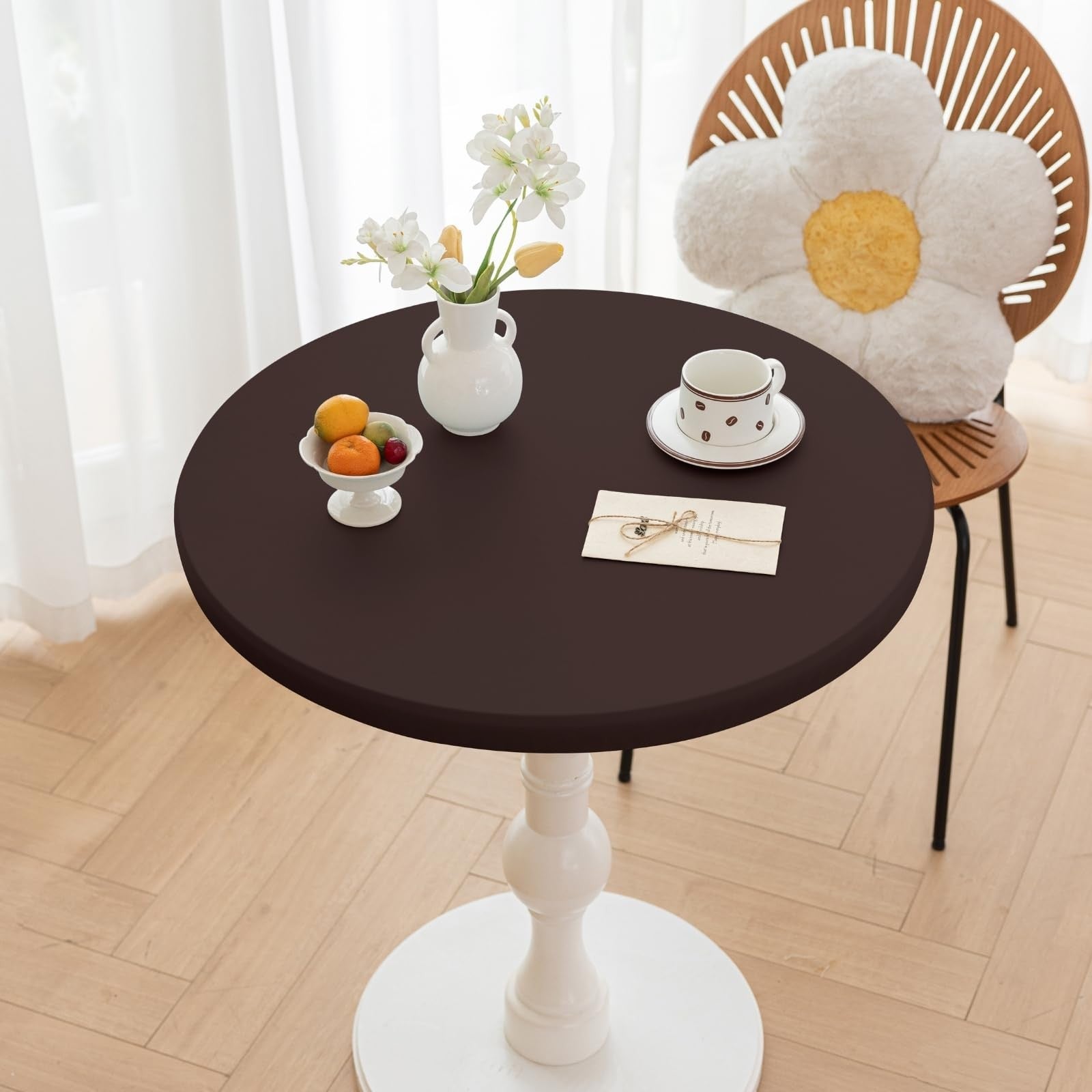 Round Huierxun fitted PU tablecloth, 59-inch diameter, waterproof, oil-proof, stain-resistant fabric on a table surface.