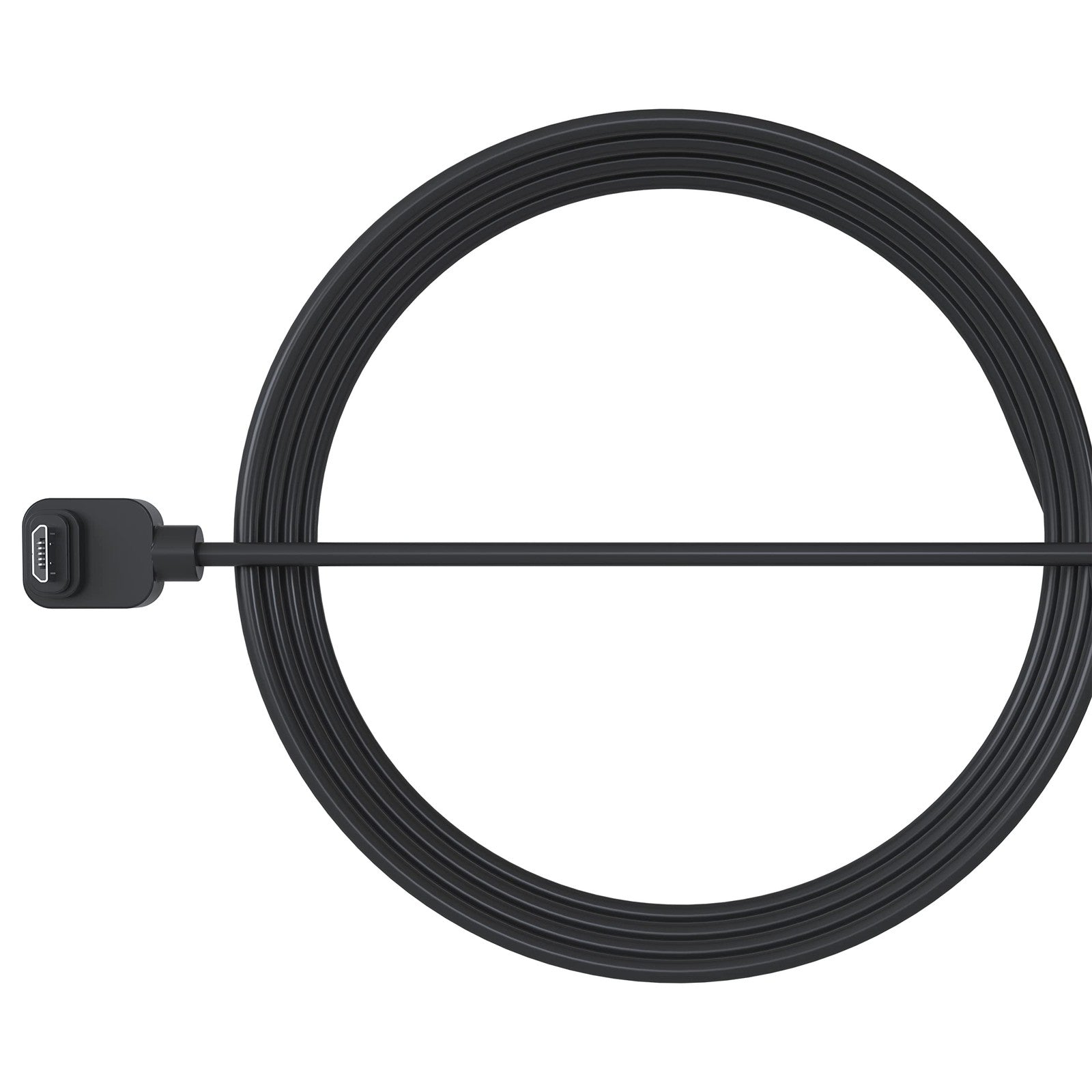 Arlo Essential Outdoor 25 ft. charging cable, certified accessory, shown coiled with connector ends visible for Arlo security cameras