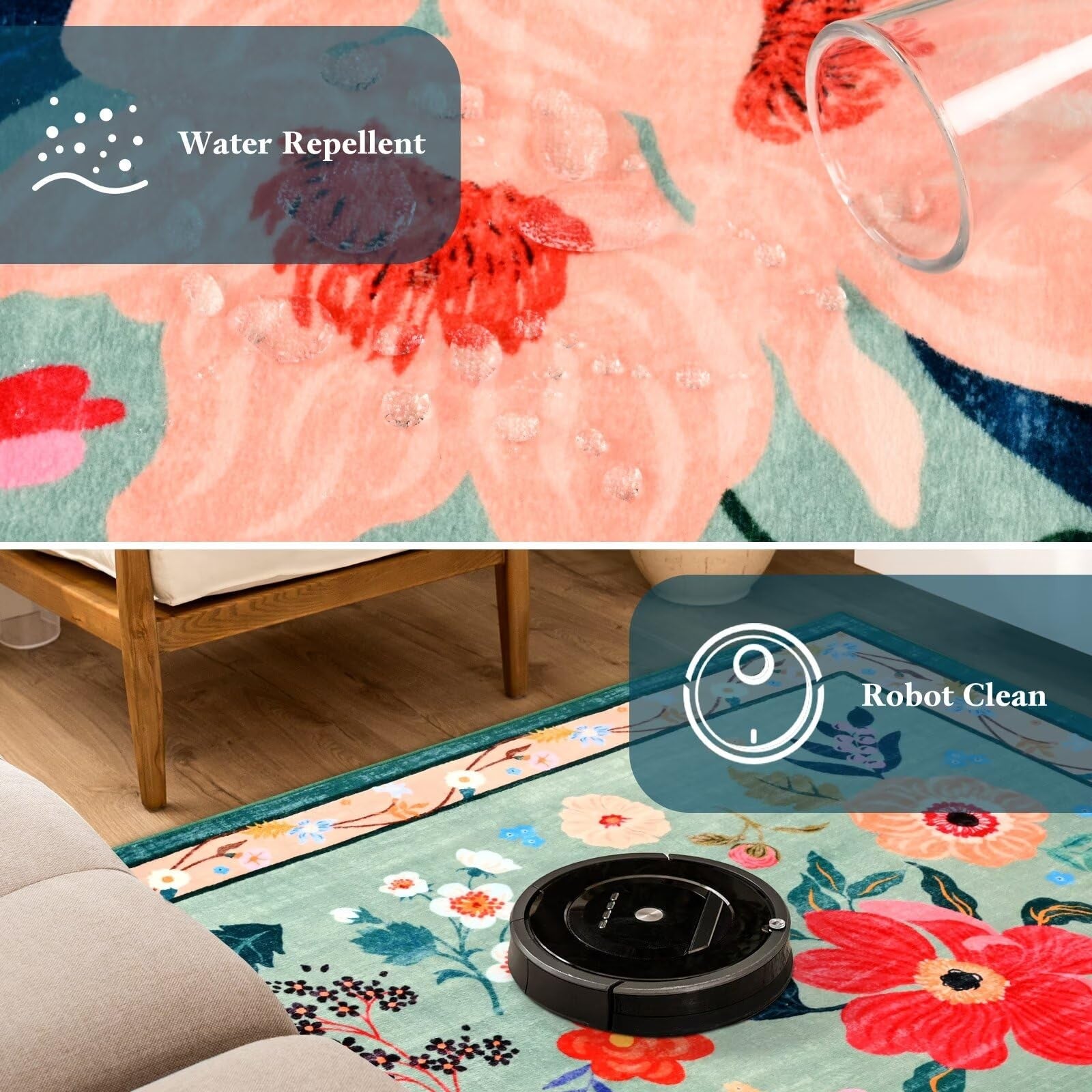 Macgace floral runner rug with 2x6 size, washable, non-slip backing, featuring colorful flower print on textured fabric.