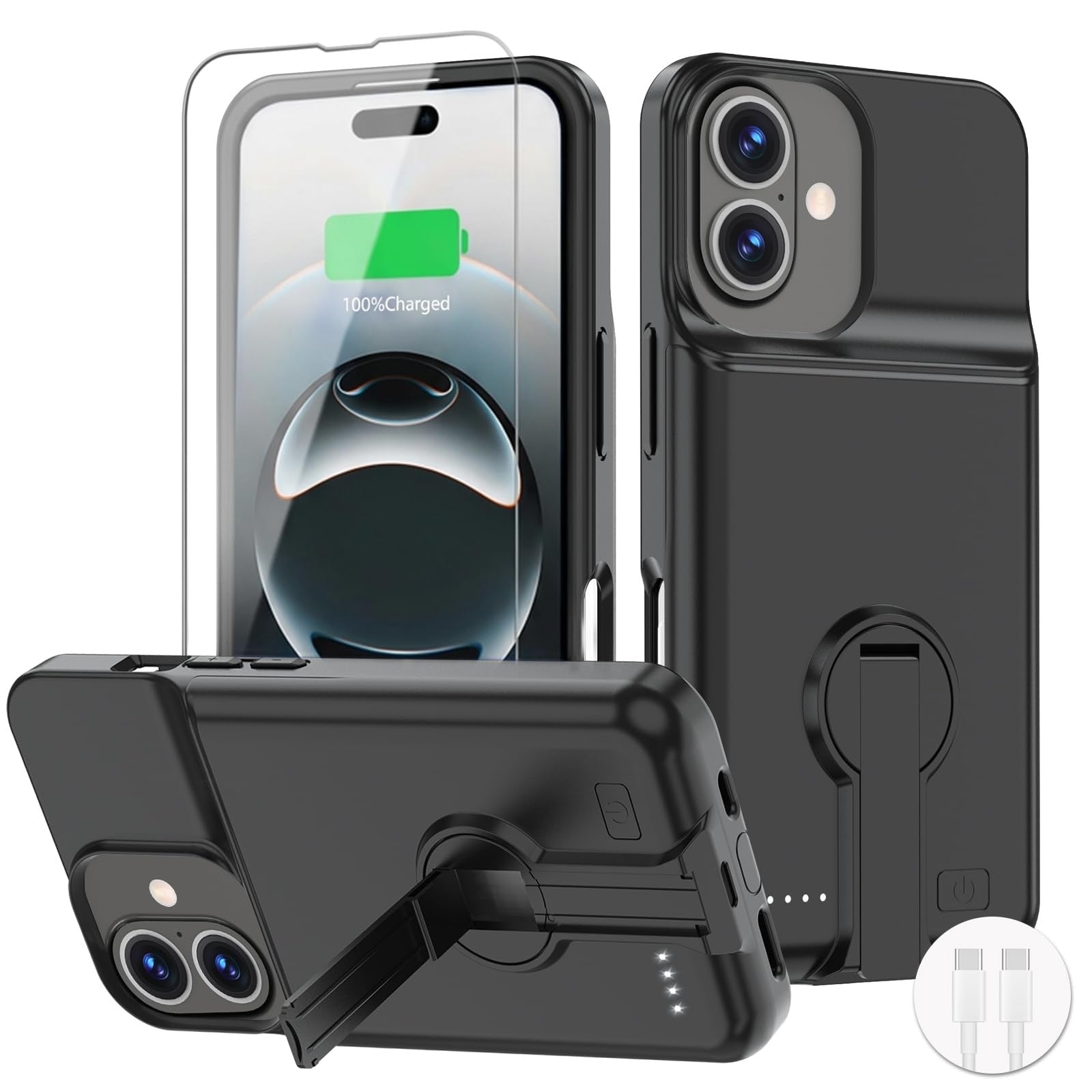 BOPPS iPhone 16 battery case with invisible stand charger and 8500mAh capacity, shown on a white background.