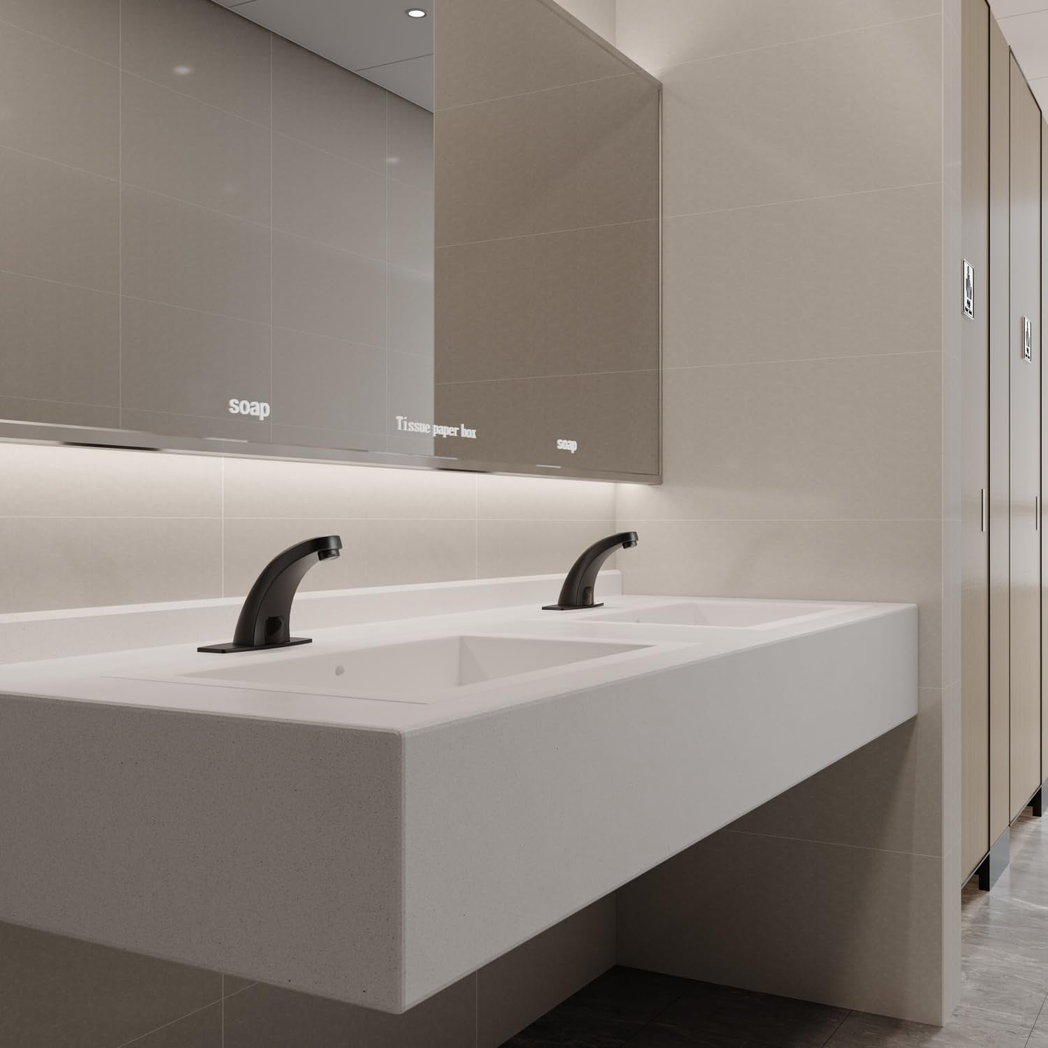 Greenspring Touchless Bathroom Sink Faucet with automatic sensor, AC/DC power, modern commercial design, shown installed on bathroom sink