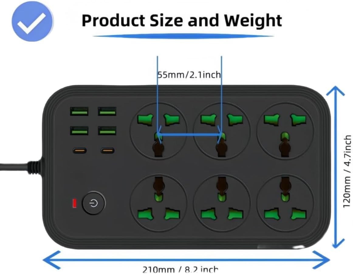 COOFINE 12-in-1 flat plug power strip with 6 outlets, 4 USB A ports, and 2 USB C ports for versatile charging and device connection.