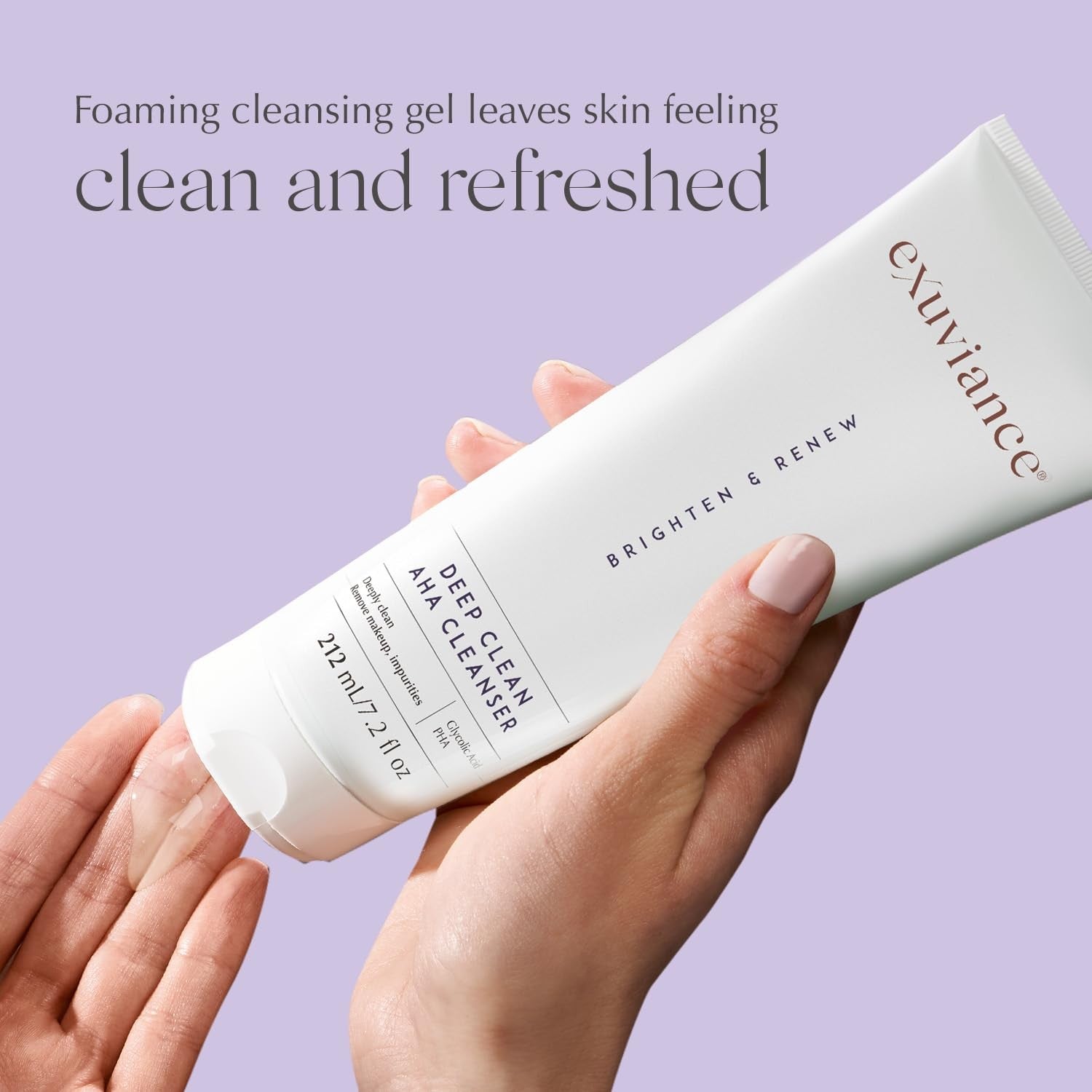 EXUVIANCE Deep Clean AHA foaming face cleanser with glycolic acid, showing the white soap and foaming texture on the skin.