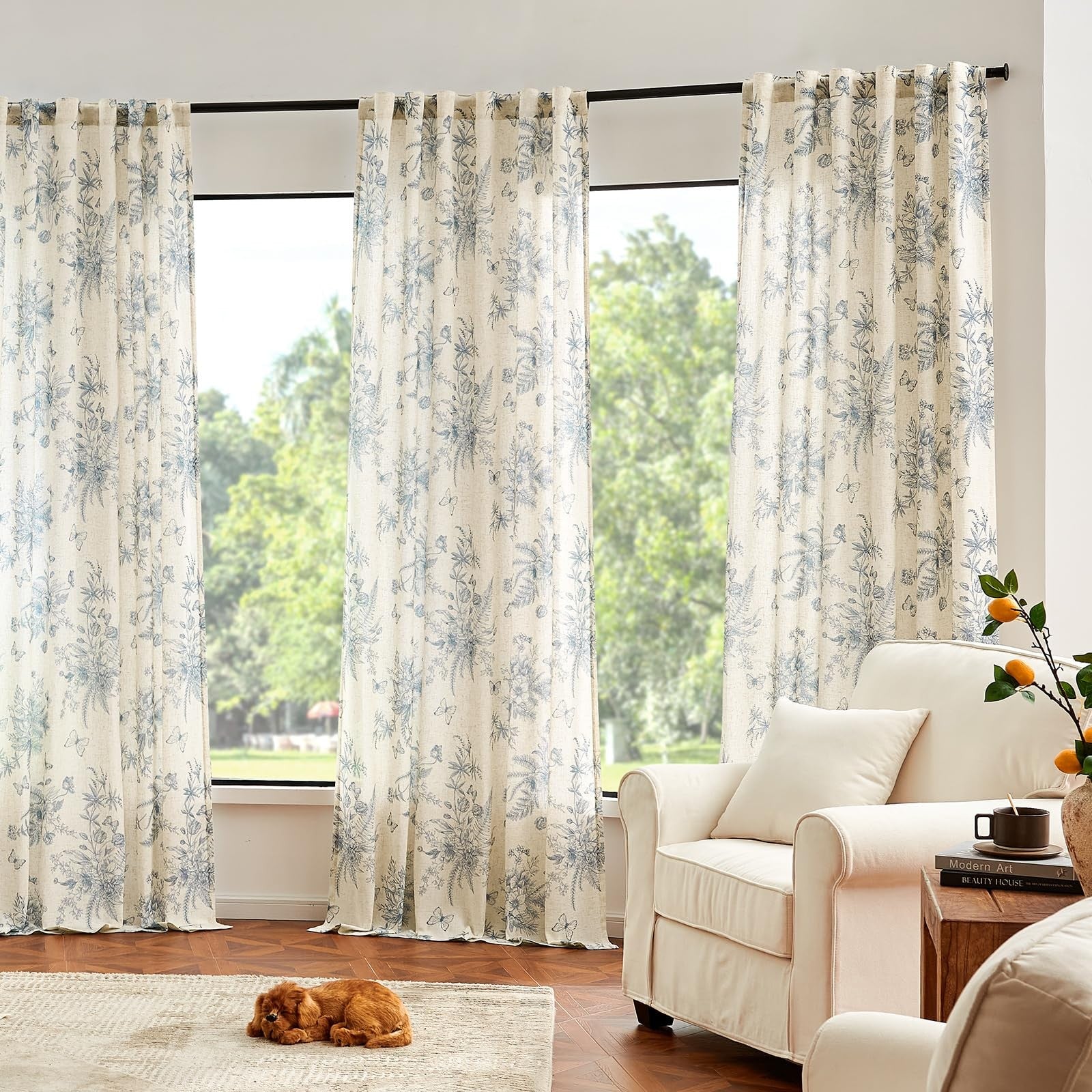 Jinchan linen floral curtains in blue with 96-inch length, farmhouse style for living room window decoration.
