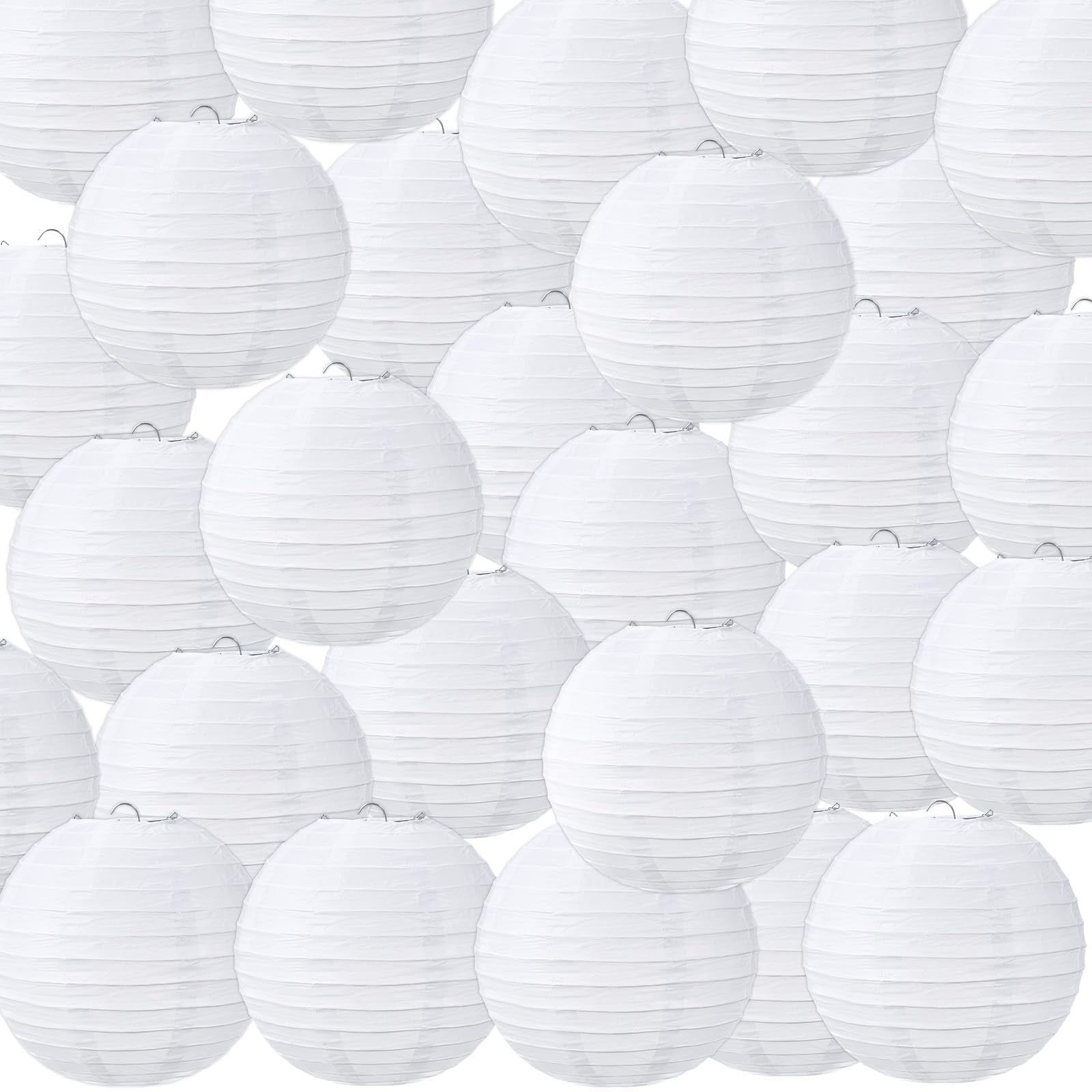 Set of ten white Chinese Japanese paper lanterns by Treela, decorative hanging balls for festive or party decor.
